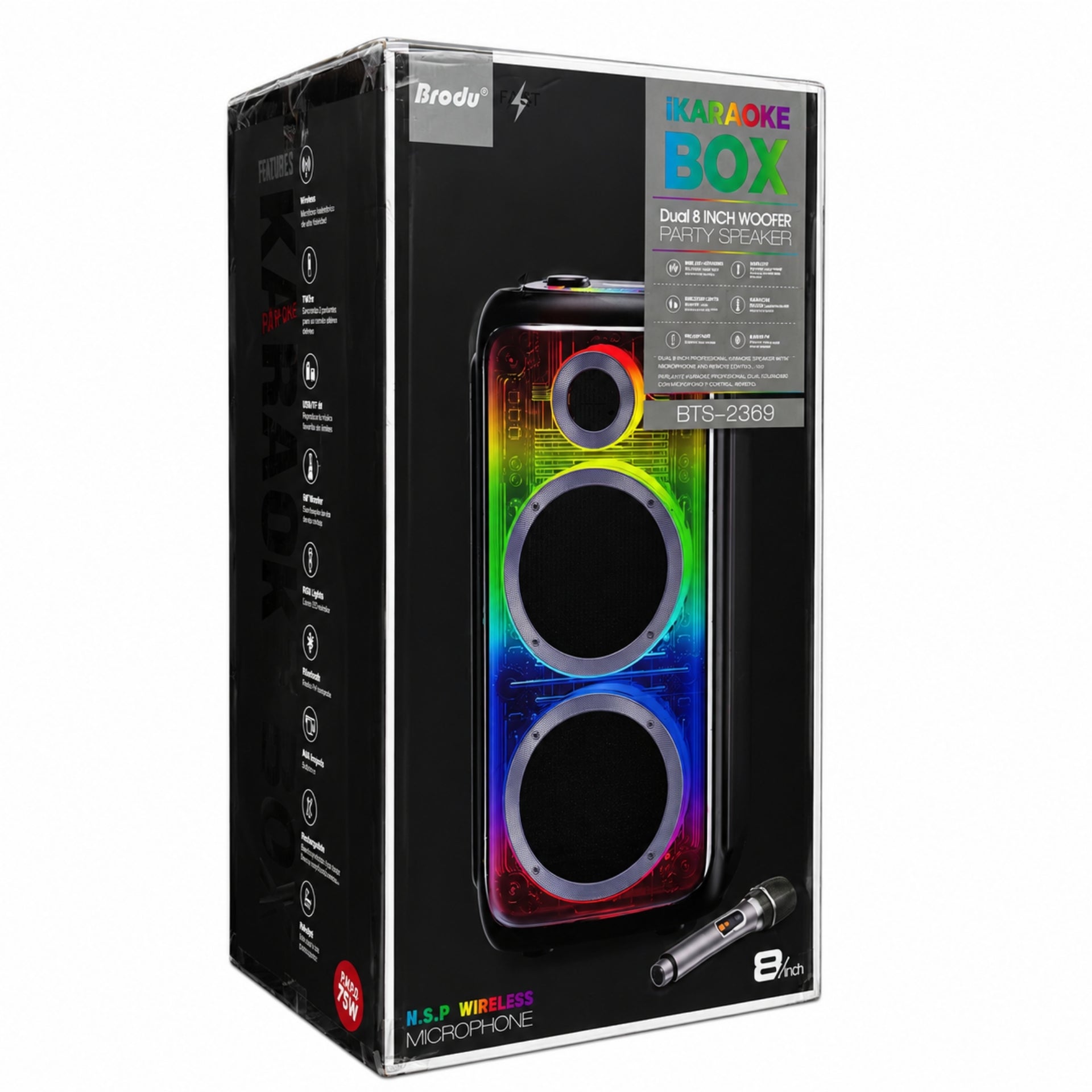 Parlante Cabina Bluetooth Doble Bocina 8 Pulgadas Con Luces RGB Y Micrófonos Brodu BTS-2369