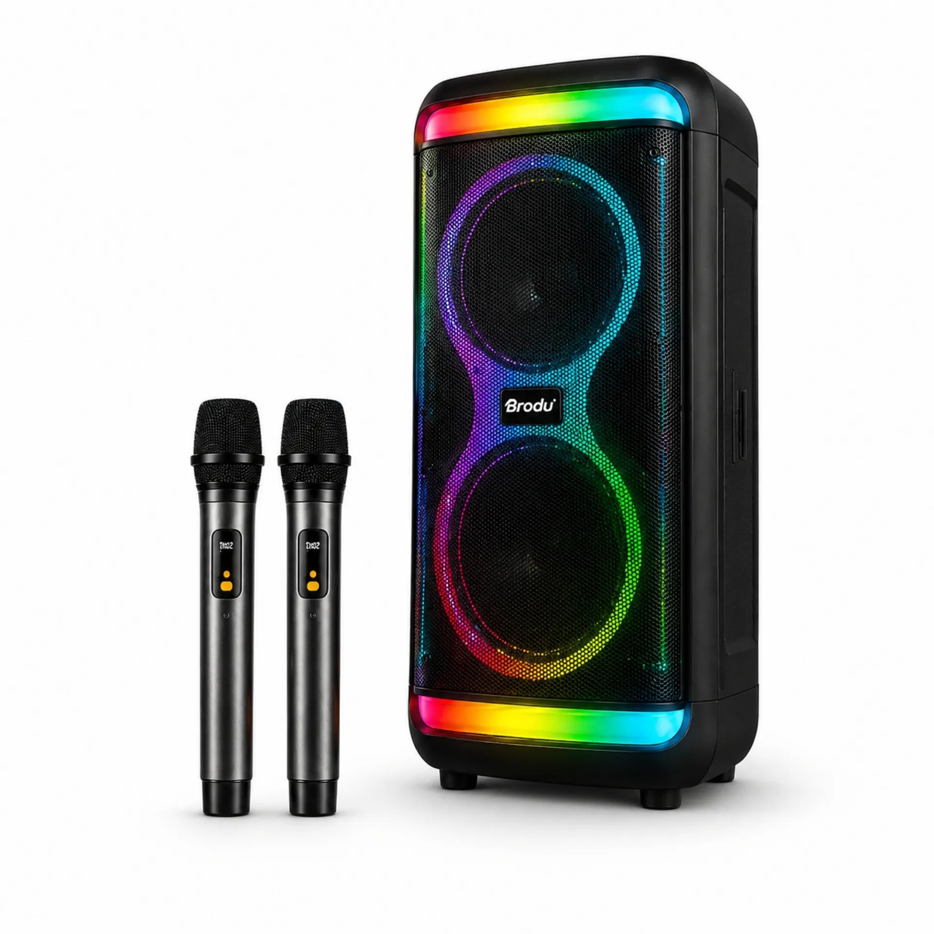 Parlante Cabina Bluetooth Doble 8 Pulgadas Con Luces RGB Micrófonos Y Ruedas Brodu BTS-2099