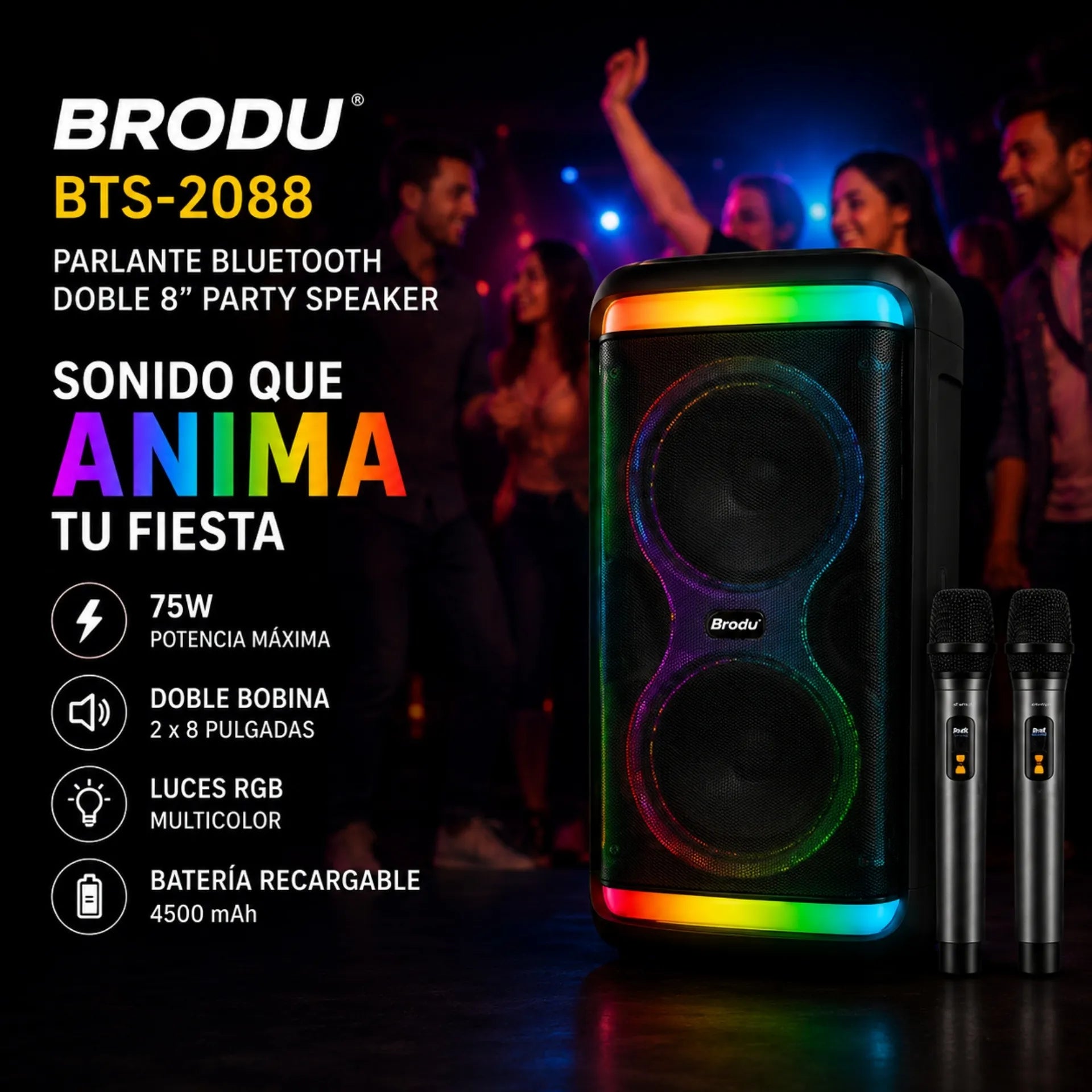 Parlante Cabina Bluetooth Doble 8 Pulgadas Con Luces RGB Micrófonos Y Ruedas Brodu BTS-2099