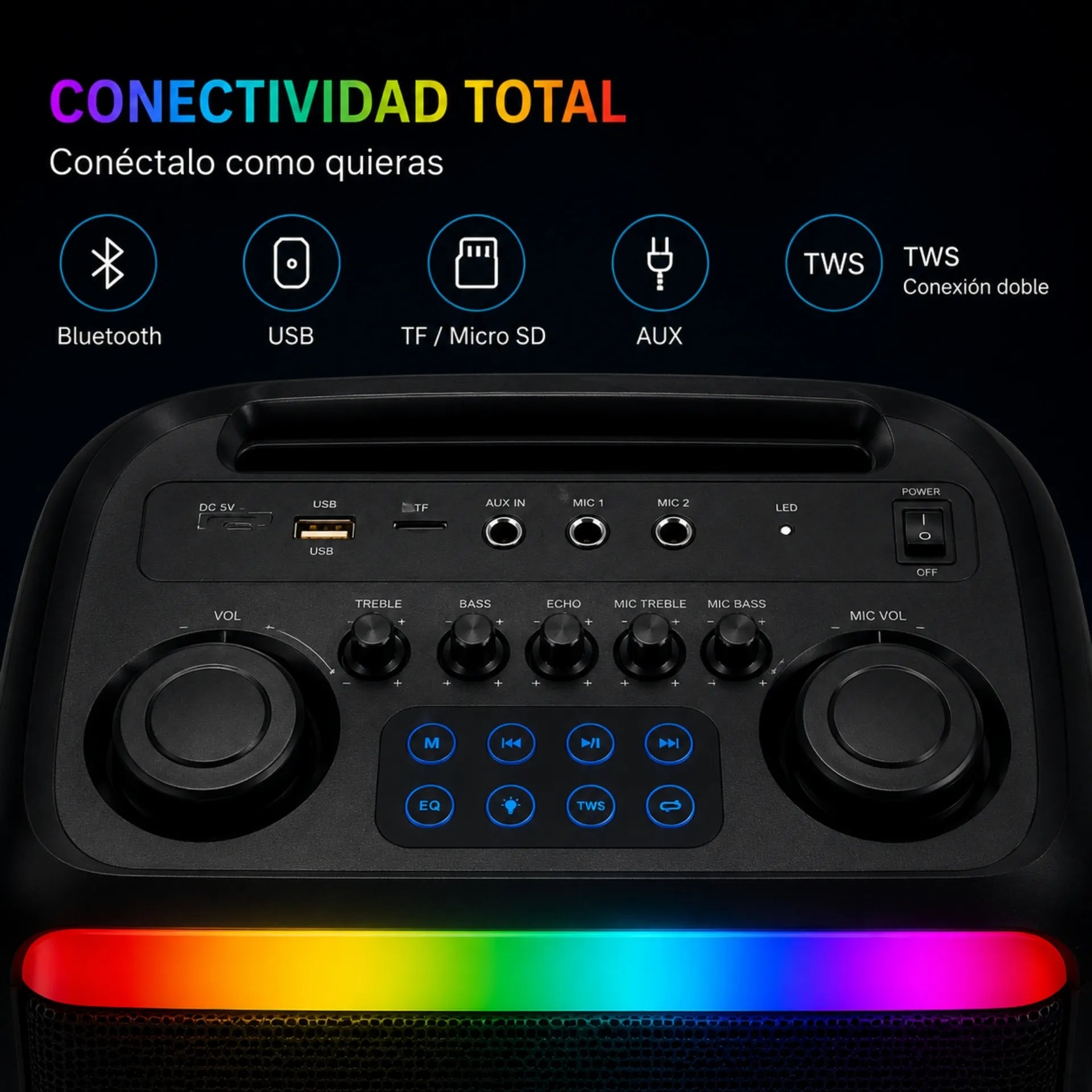 Parlante Cabina Bluetooth Doble 8 Pulgadas Con Luces RGB Micrófonos Y Ruedas Brodu BTS-2099