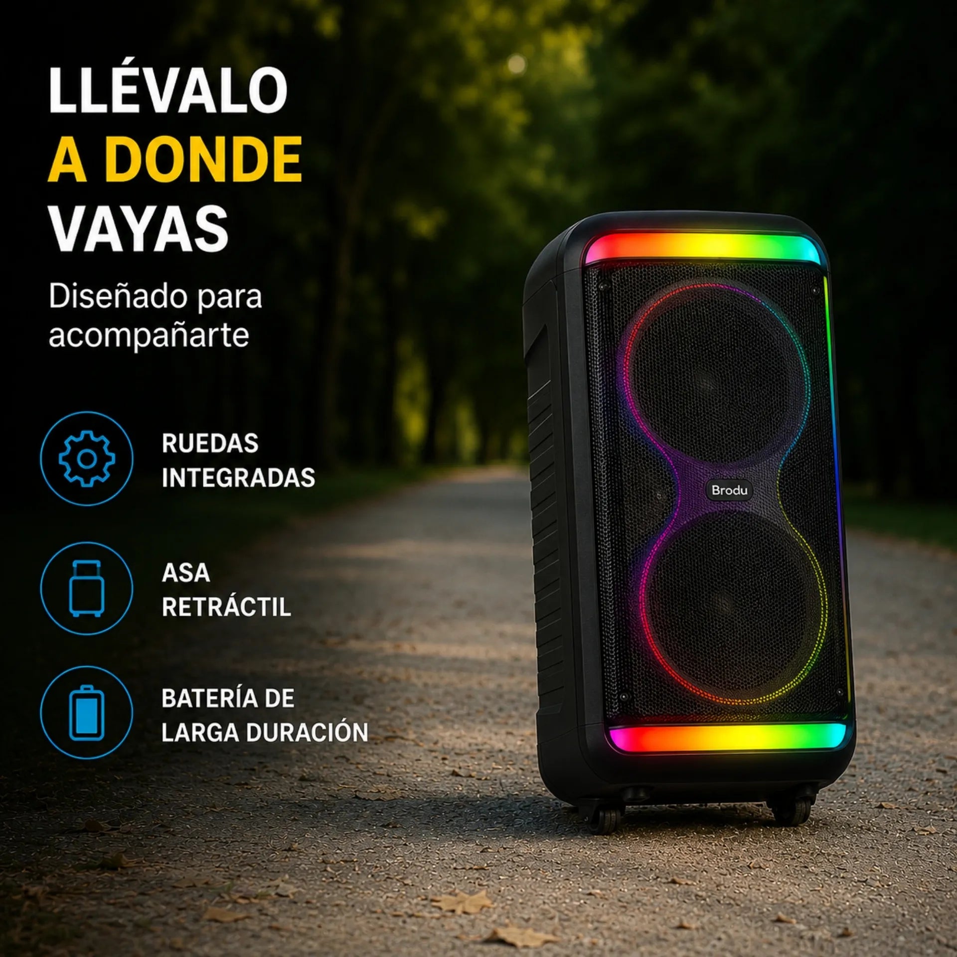 Parlante Cabina Bluetooth Doble 8 Pulgadas Con Luces RGB Micrófonos Y Ruedas Brodu BTS-2099