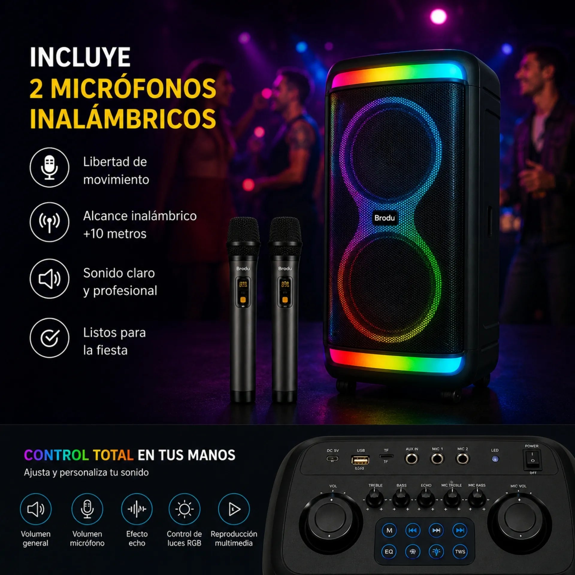 Parlante Cabina Bluetooth Doble 8 Pulgadas Con Luces RGB Micrófonos Y Ruedas Brodu BTS-2099