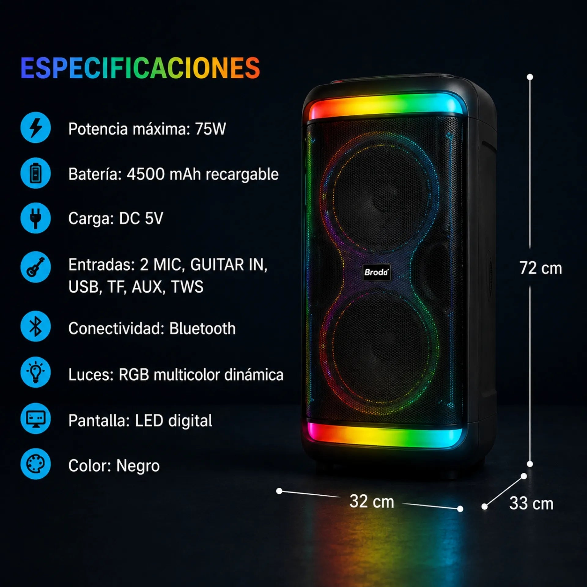 Parlante Cabina Bluetooth Doble 8 Pulgadas Con Luces RGB Micrófonos Y Ruedas Brodu BTS-2099