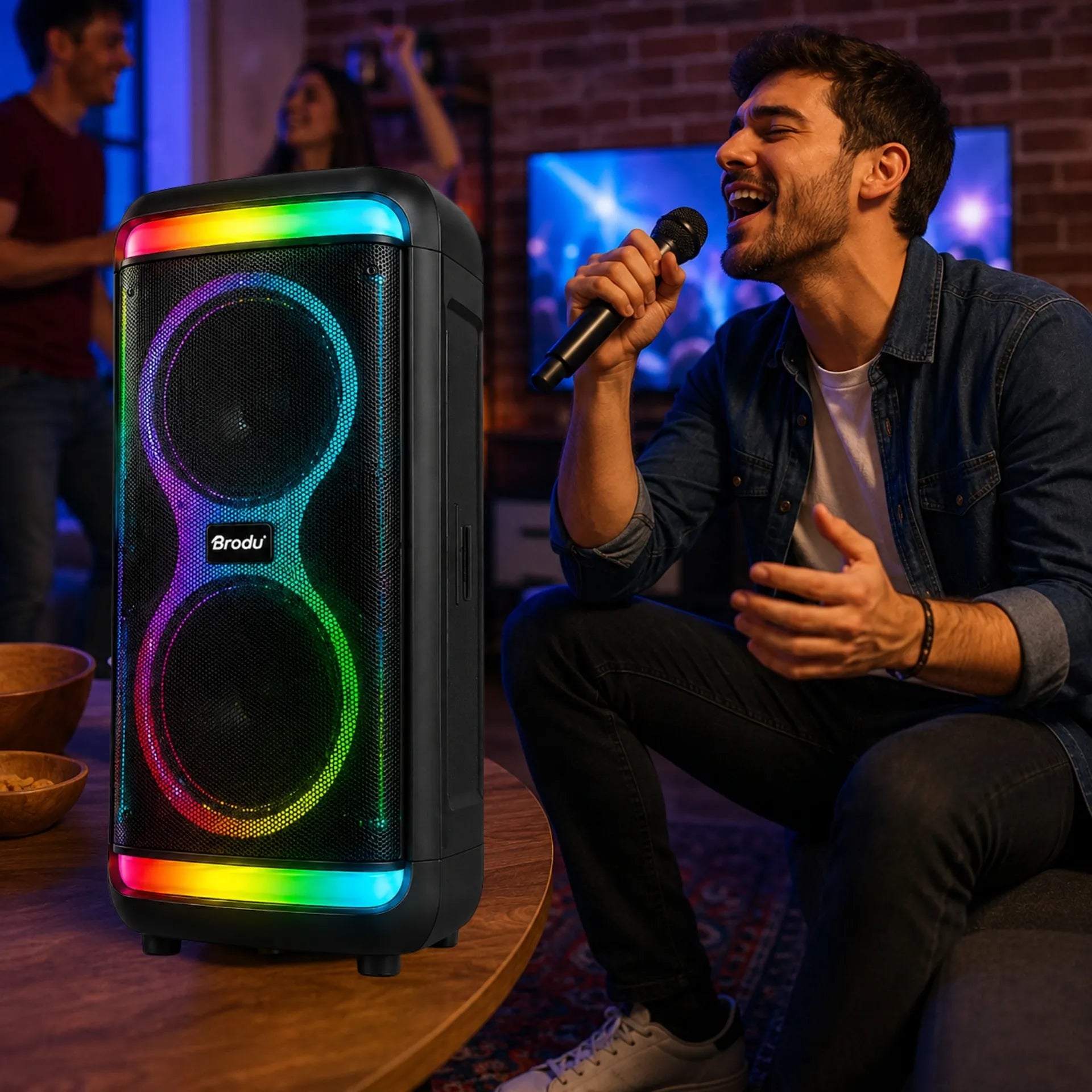 Parlante Cabina Bluetooth Doble 8 Pulgadas Con Luces RGB Micrófonos Y Ruedas Brodu BTS-2099