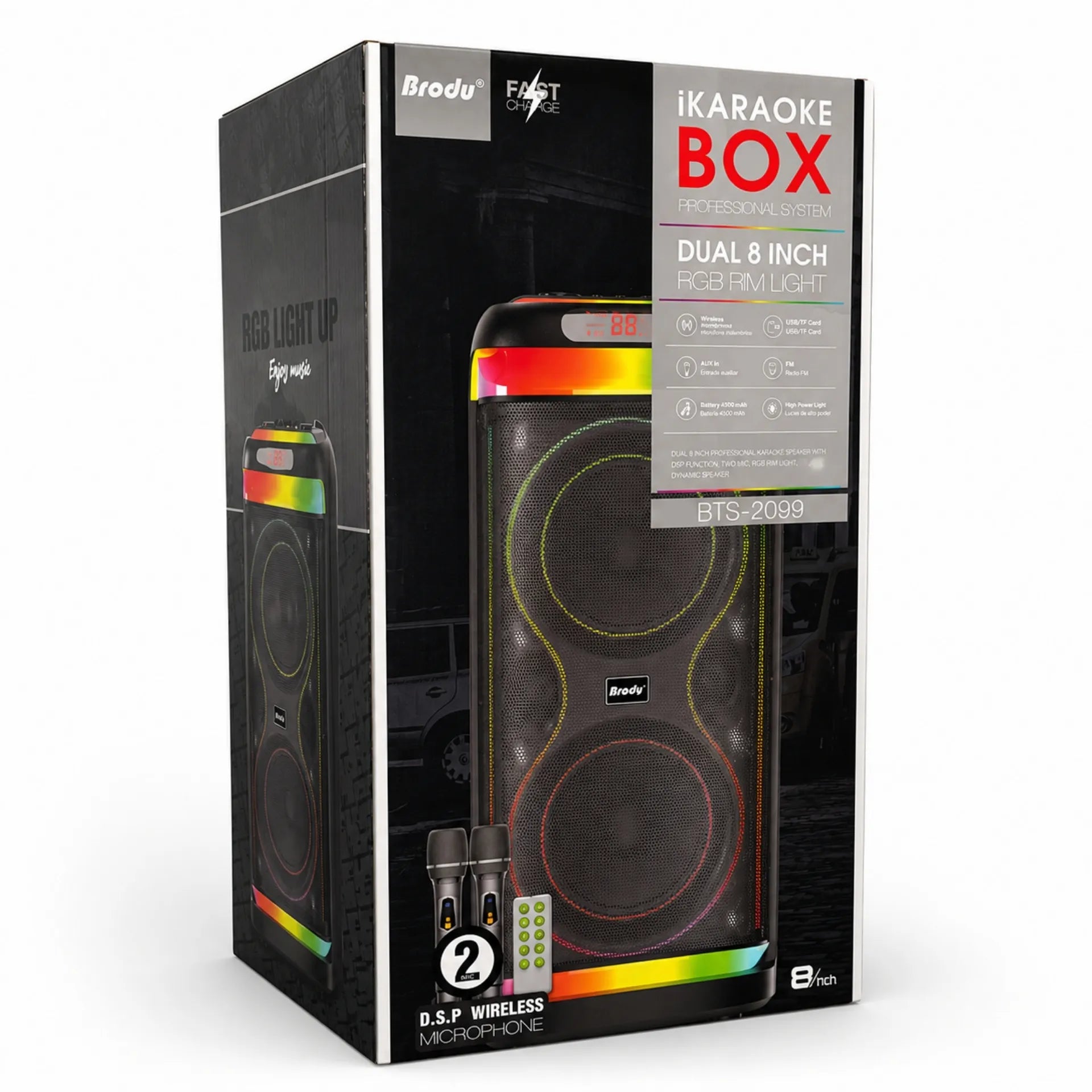 Parlante Cabina Bluetooth Doble 8 Pulgadas Con Luces RGB Micrófonos Y Ruedas Brodu BTS-2099