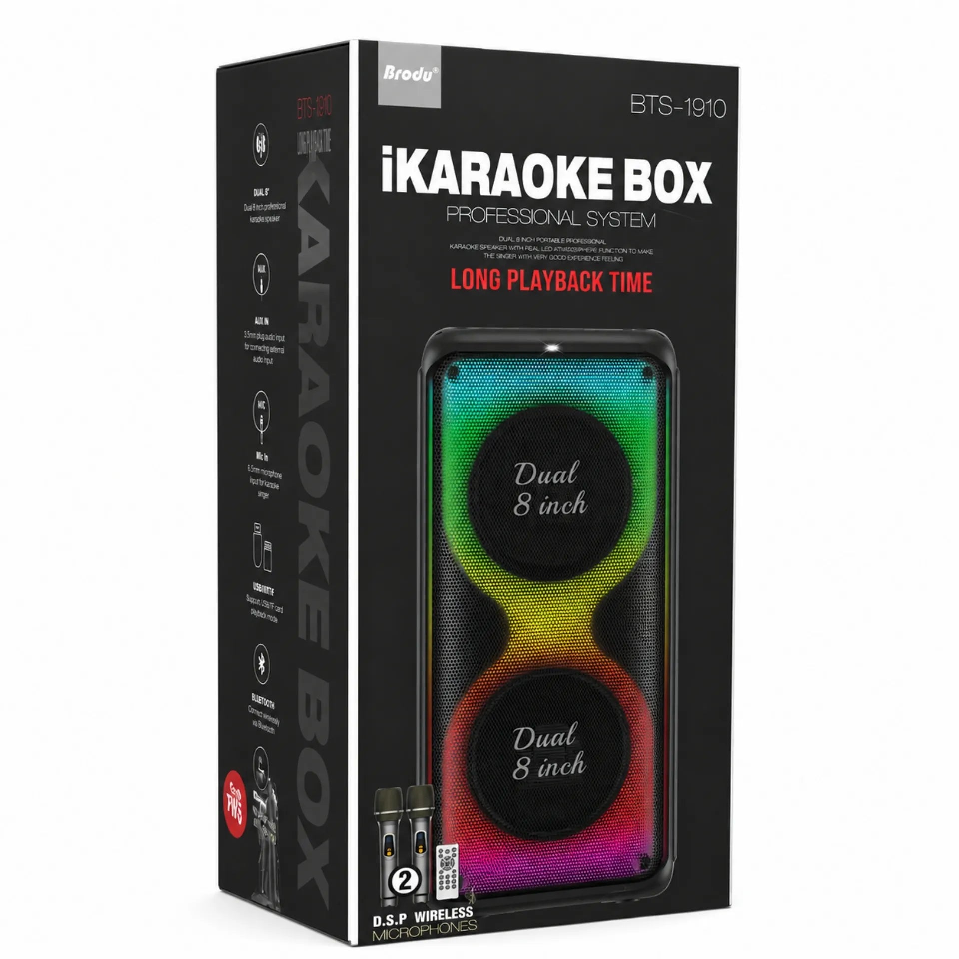 Parlante Cabina Bluetooth Profesional Doble Bocina 8 Pulgadas Con Luces RGB Brodu BTS-1910