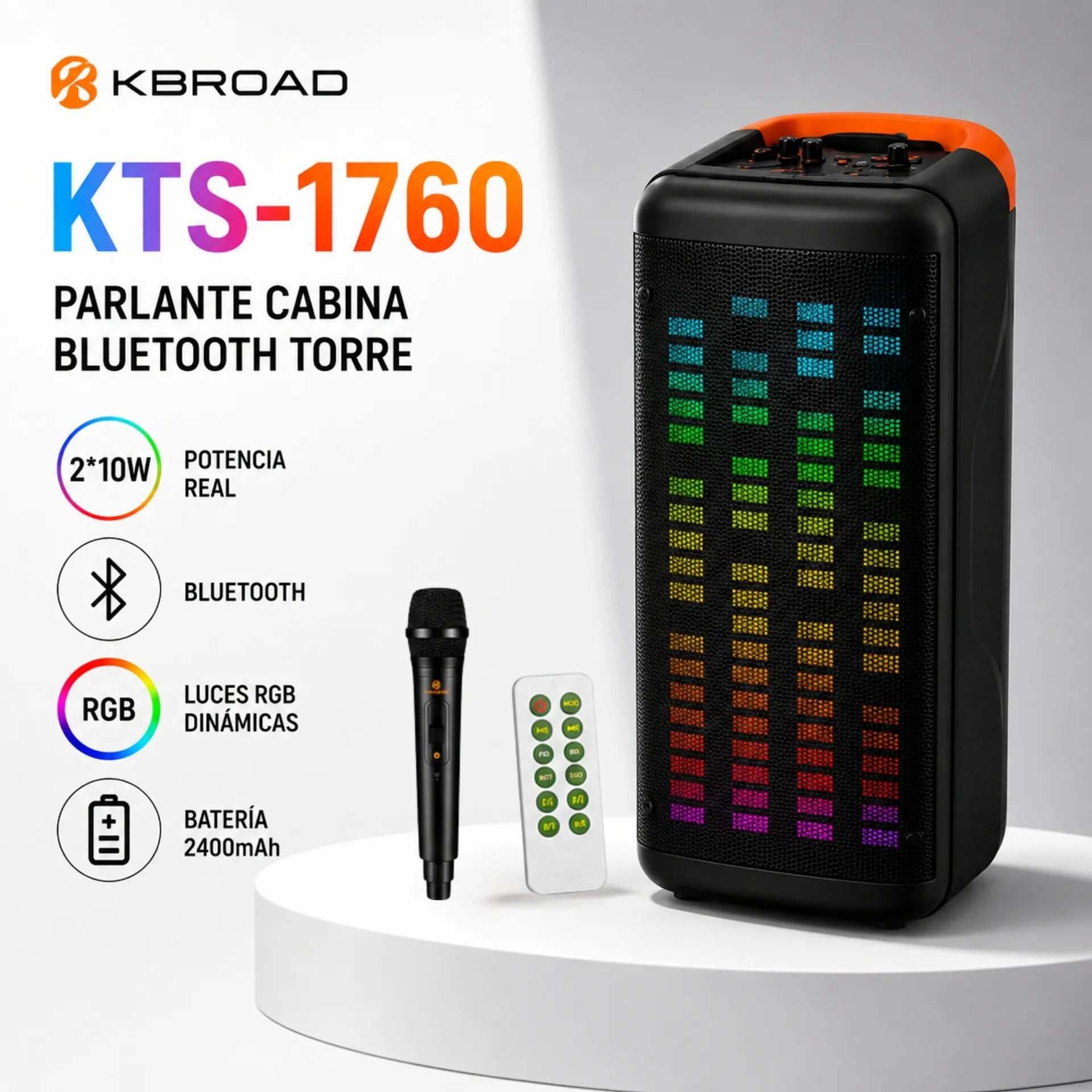 Parlante Cabina Bluetooth Torre 8 Pulgadas Con Luces RGB y Micrófono Kbroad KTS-1760