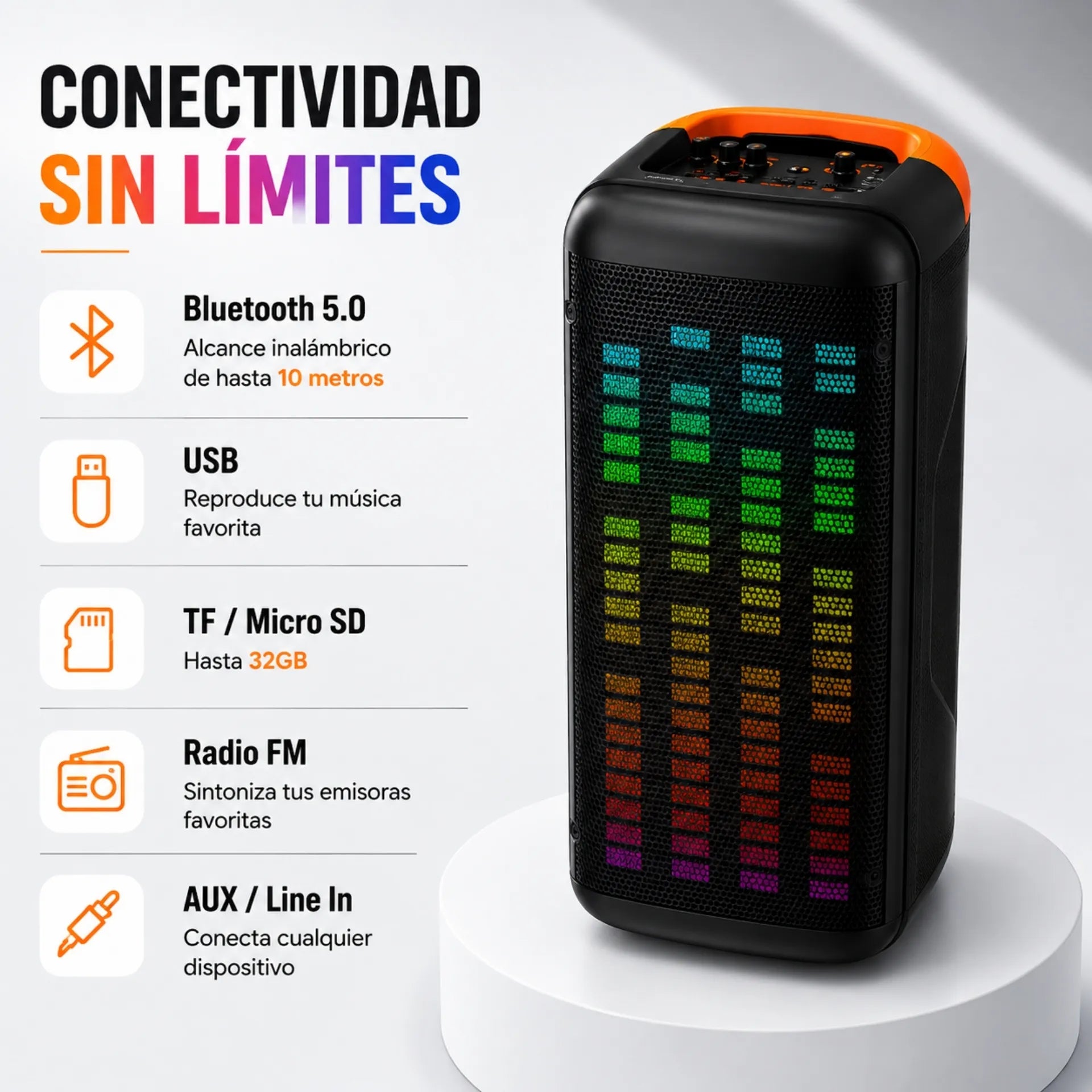 Parlante Cabina Bluetooth Torre 8 Pulgadas Con Luces RGB y Micrófono Kbroad KTS-1760