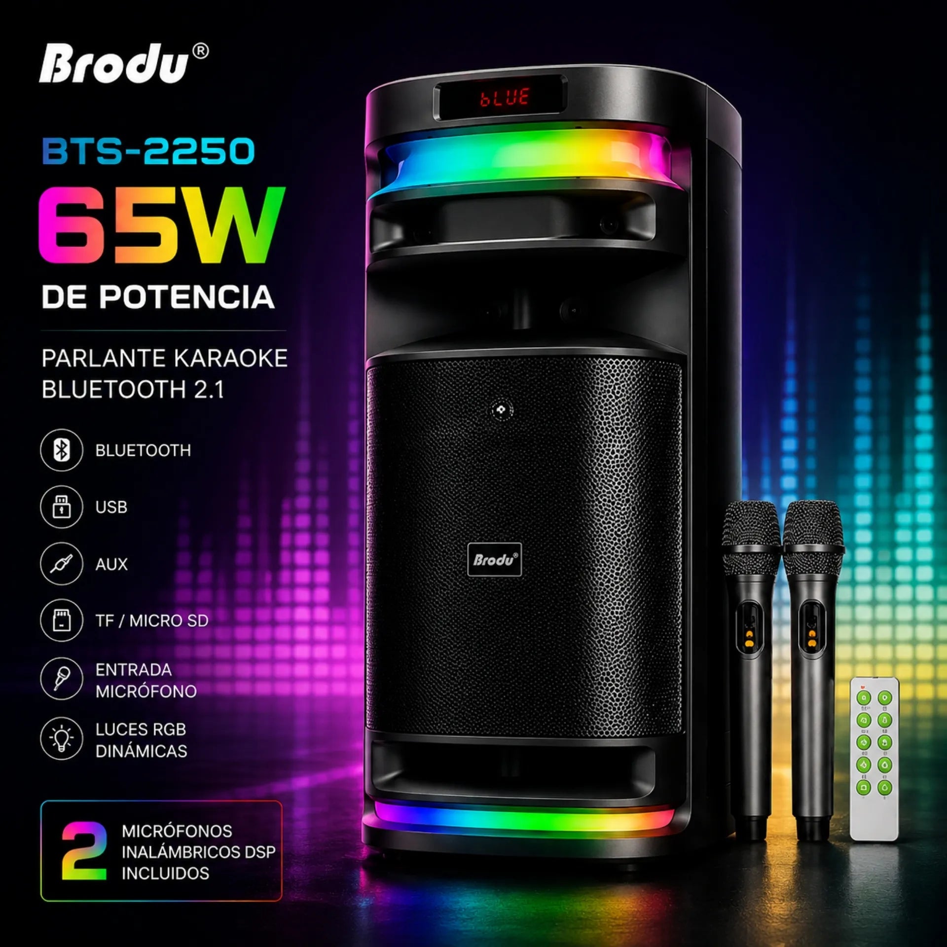 Parlante Cabina Bluetooth Karaoke De 8 Pulgadas Con Luces RGB Y Dos Micrófonos Brodu BTS-2250