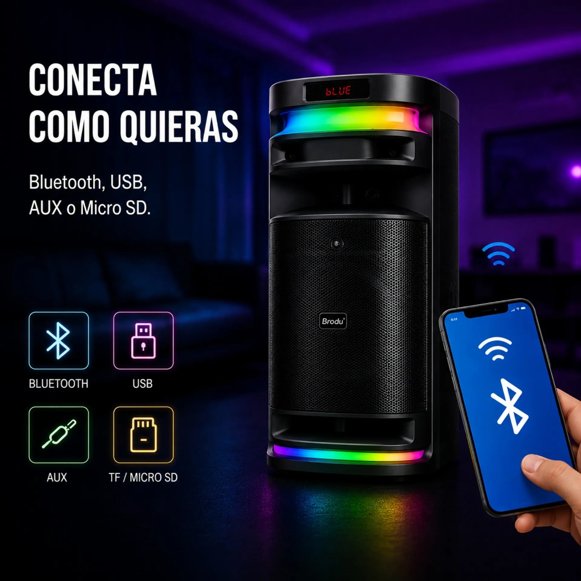 Parlante Cabina Bluetooth Karaoke De 8 Pulgadas Con Luces RGB Y Dos Micrófonos Brodu BTS-2250