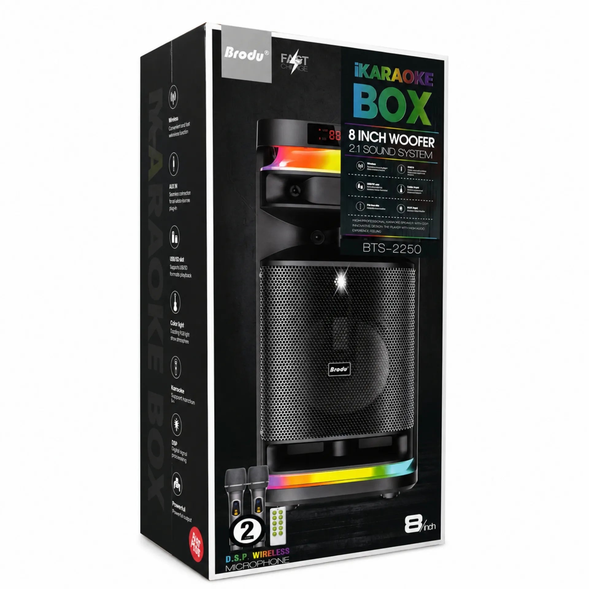 Parlante Cabina Bluetooth Karaoke De 8 Pulgadas Con Luces RGB Y Dos Micrófonos Brodu BTS-2250