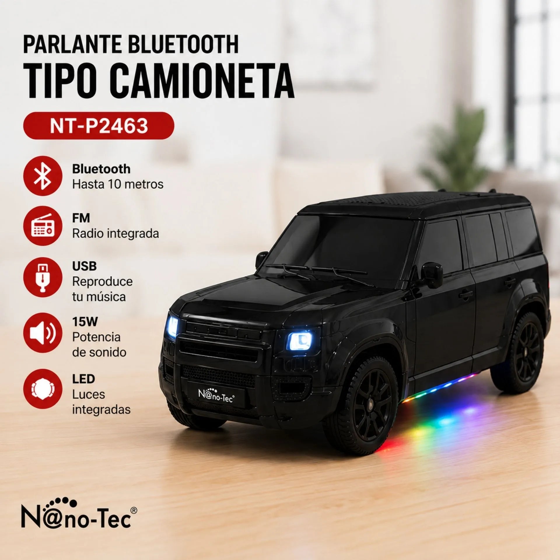 Parlante Bluetooth Tipo Camioneta Nano-Tec Con Luces LED, FM, USB Y 15W NT-P2463