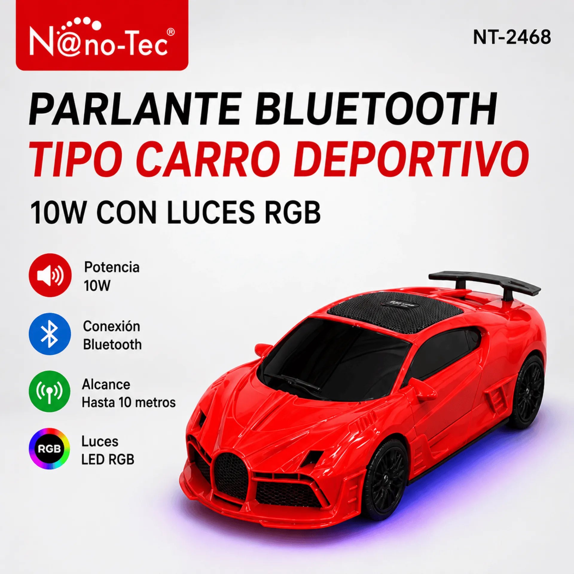 Parlante Bluetooth Tipo Carro Deportivo Nano-Tec 10W Con Luces RGB NT-P2468