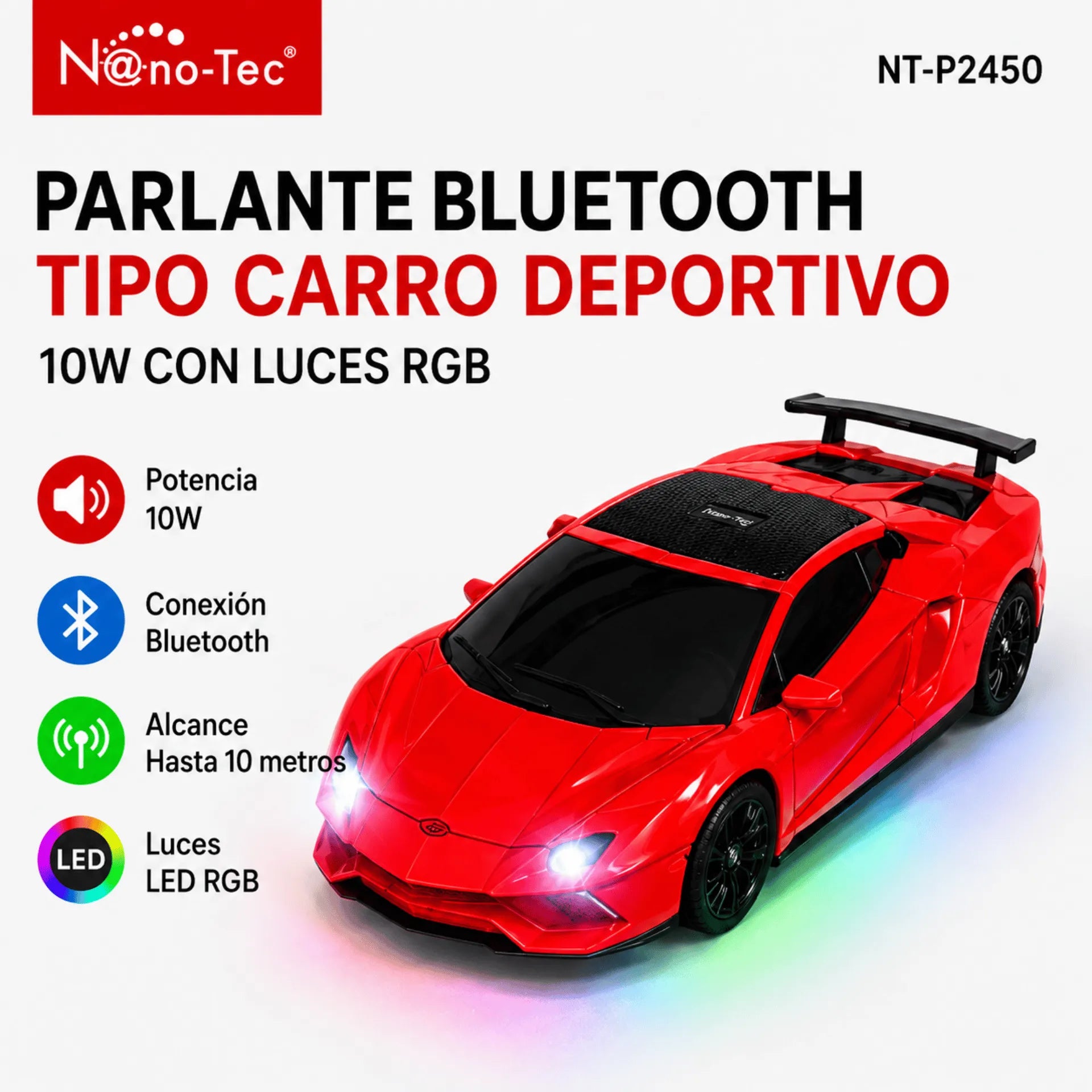 Parlante Bluetooth Tipo Carro Deportivo Nano-Tec 10W Con Luces RGB NT-P2450