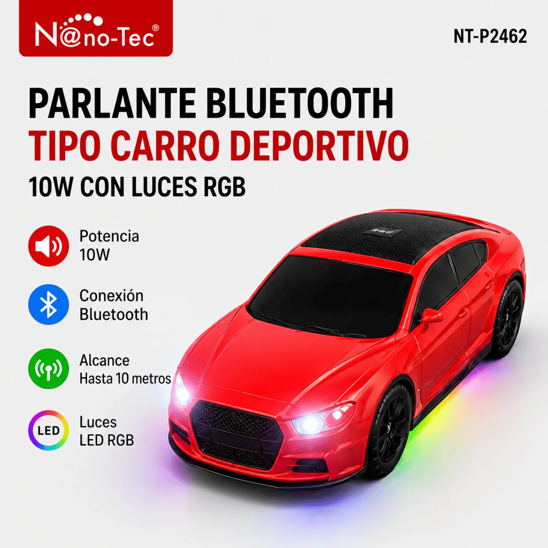 Parlante Bluetooth Tipo Carro Deportivo Nano-Tec 10W Con Luces RGB NT-P2462