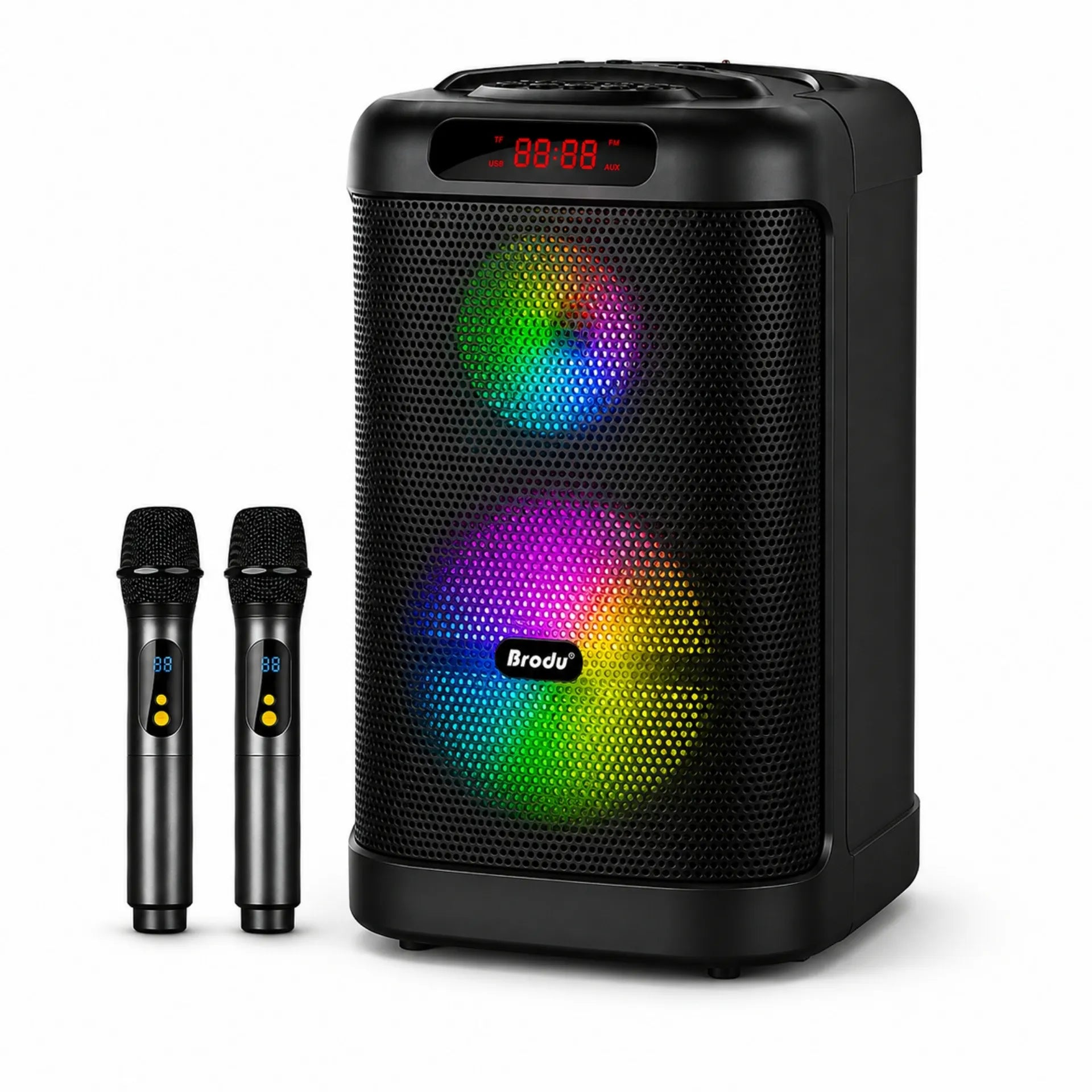 Parlante Karaoke Bluetooth 8 Pulgadas Con Luces RGB Y 2 Micrófonos Brodu BTS-2101