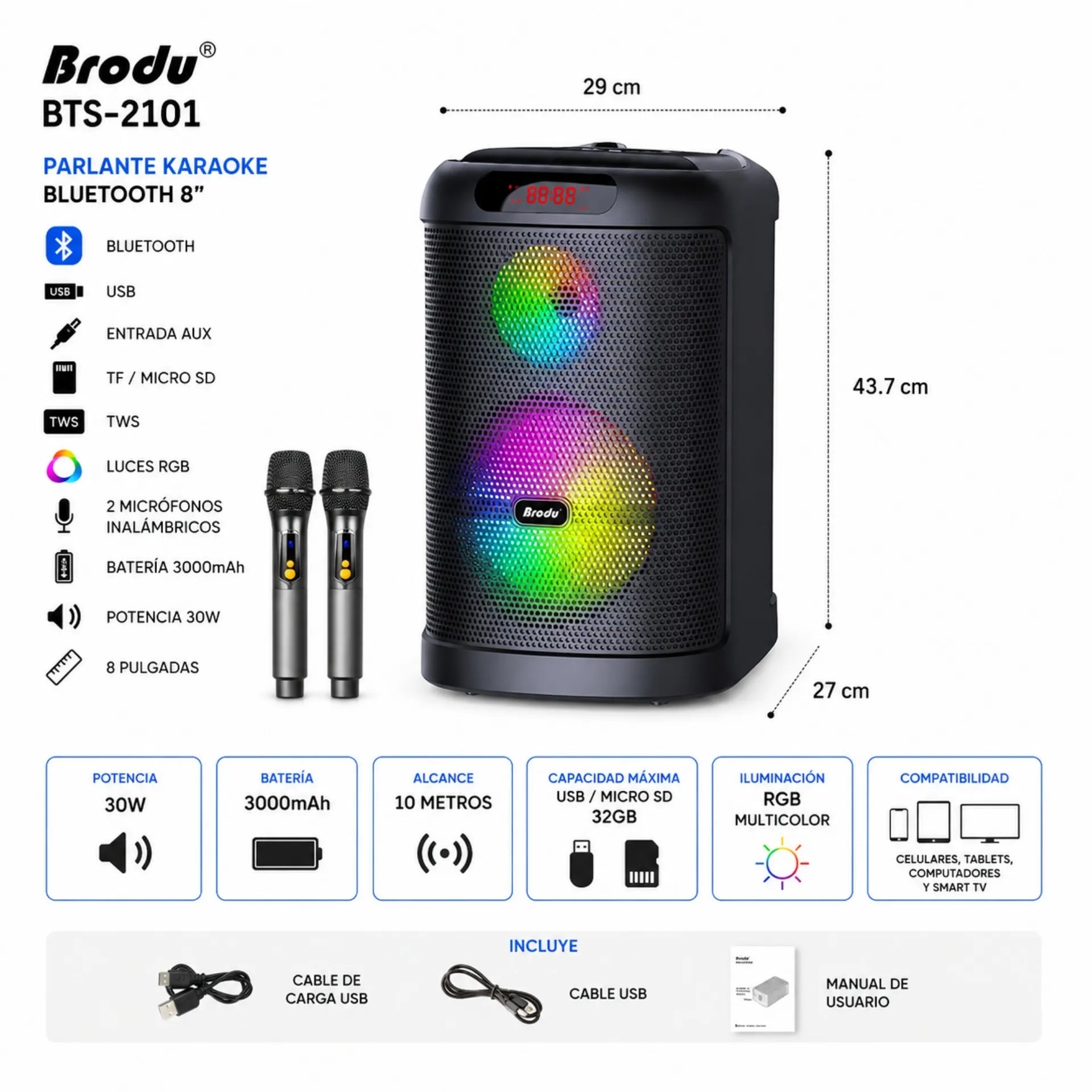 Parlante Karaoke Bluetooth 8 Pulgadas Con Luces RGB Y 2 Micrófonos Brodu BTS-2101