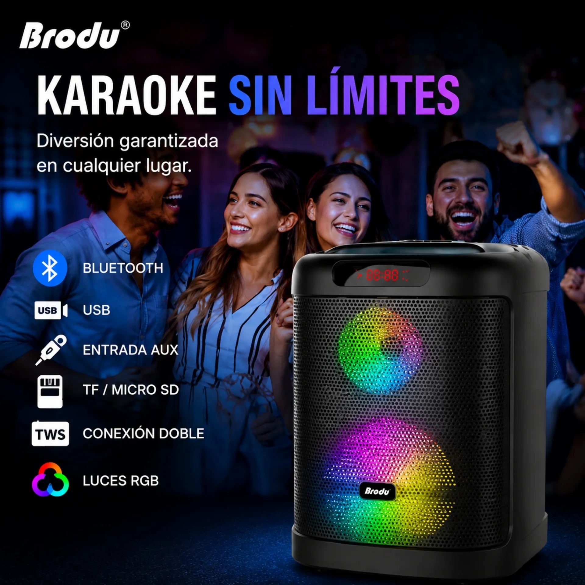 Parlante Karaoke Bluetooth 8 Pulgadas Con Luces RGB Y 2 Micrófonos Brodu BTS-2101
