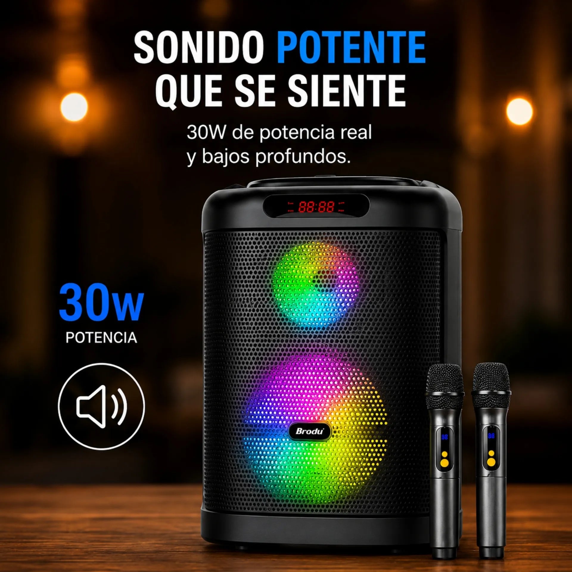 Parlante Karaoke Bluetooth 8 Pulgadas Con Luces RGB Y 2 Micrófonos Brodu BTS-2101