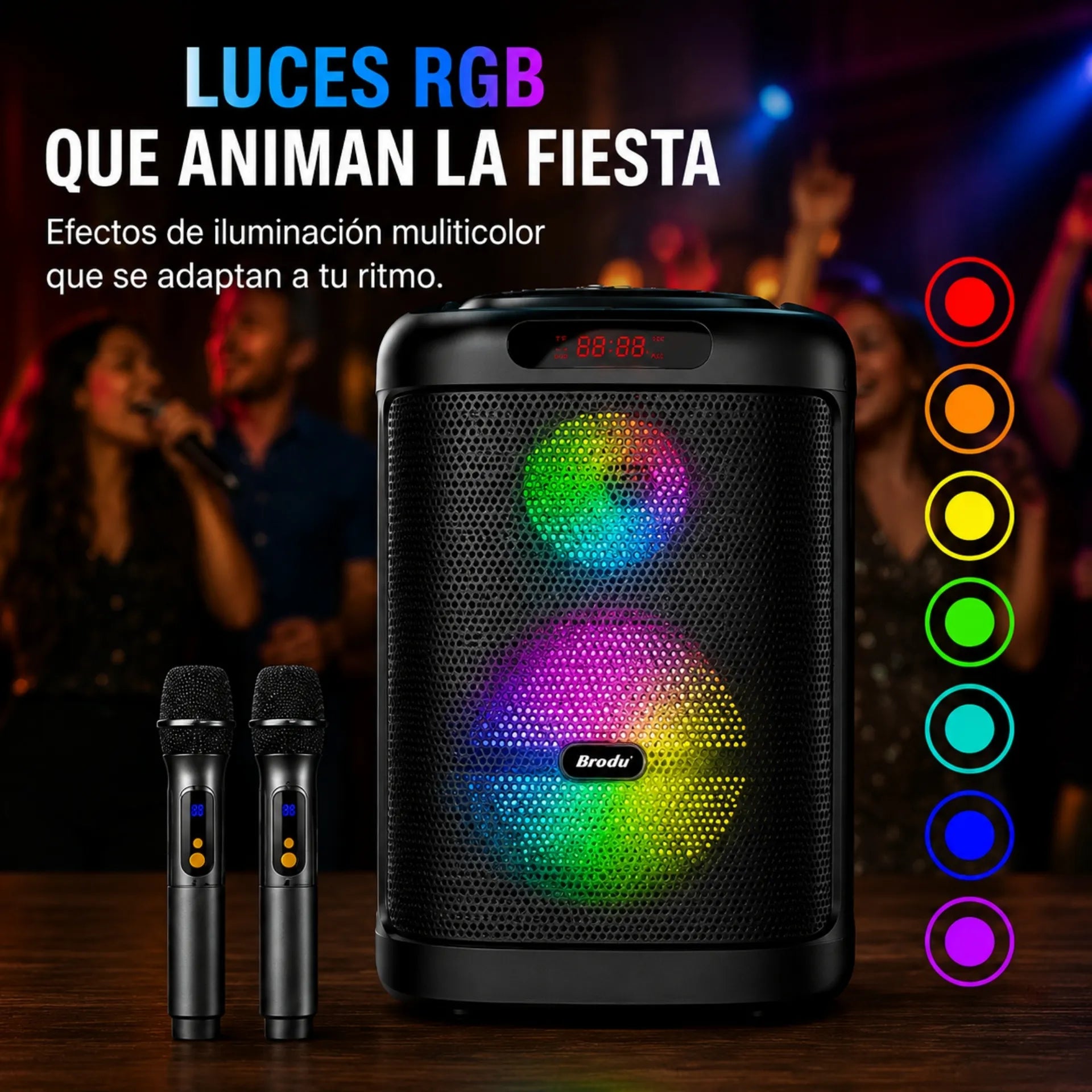 Parlante Karaoke Bluetooth 8 Pulgadas Con Luces RGB Y 2 Micrófonos Brodu BTS-2101