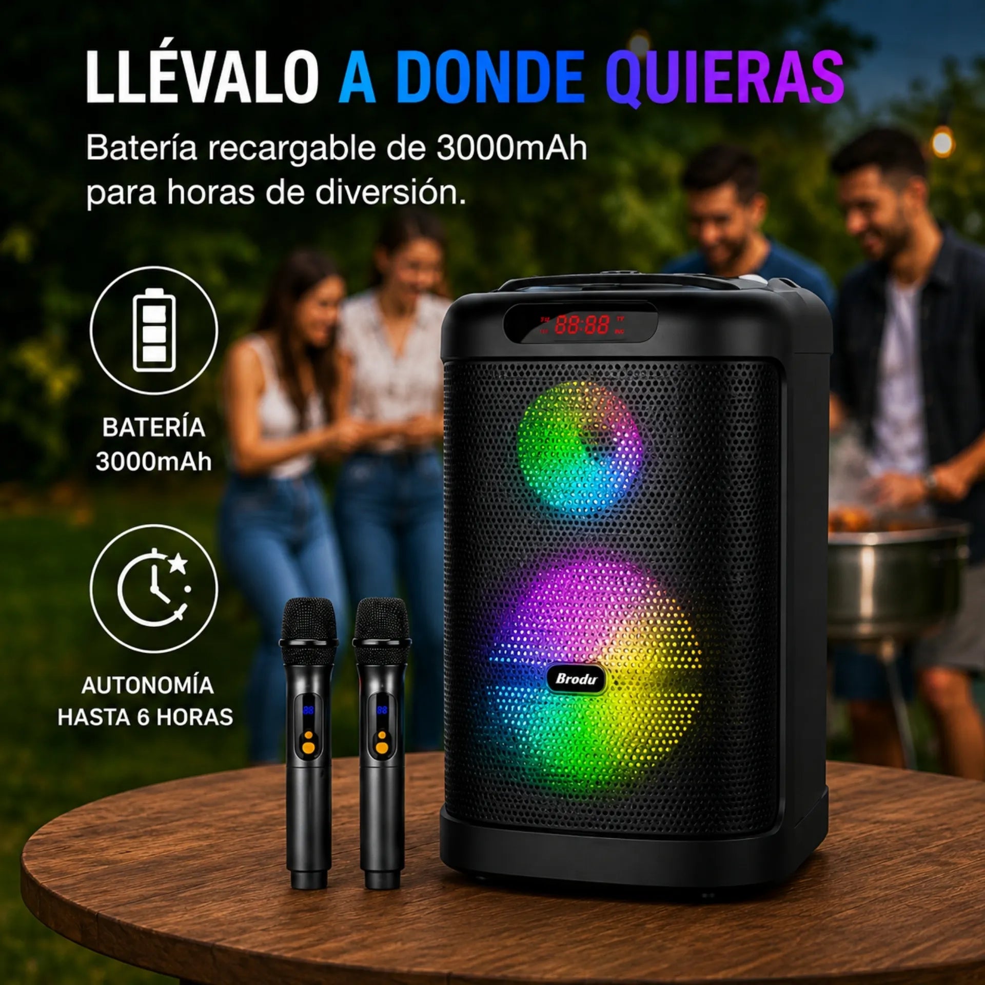 Parlante Karaoke Bluetooth 8 Pulgadas Con Luces RGB Y 2 Micrófonos Brodu BTS-2101