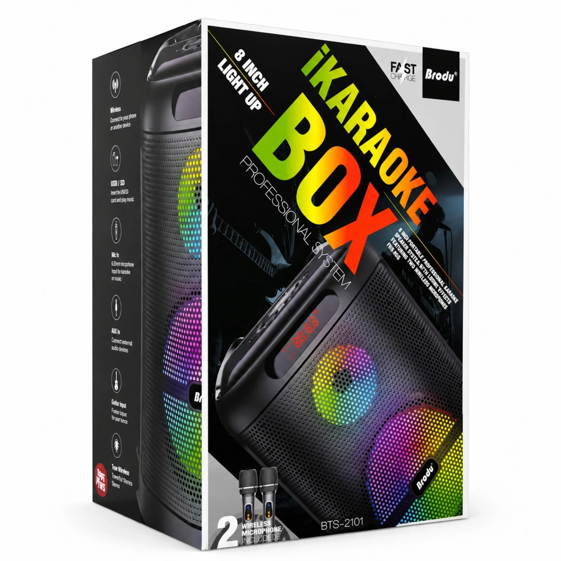 Parlante Karaoke Bluetooth 8 Pulgadas Con Luces RGB Y 2 Micrófonos Brodu BTS-2101