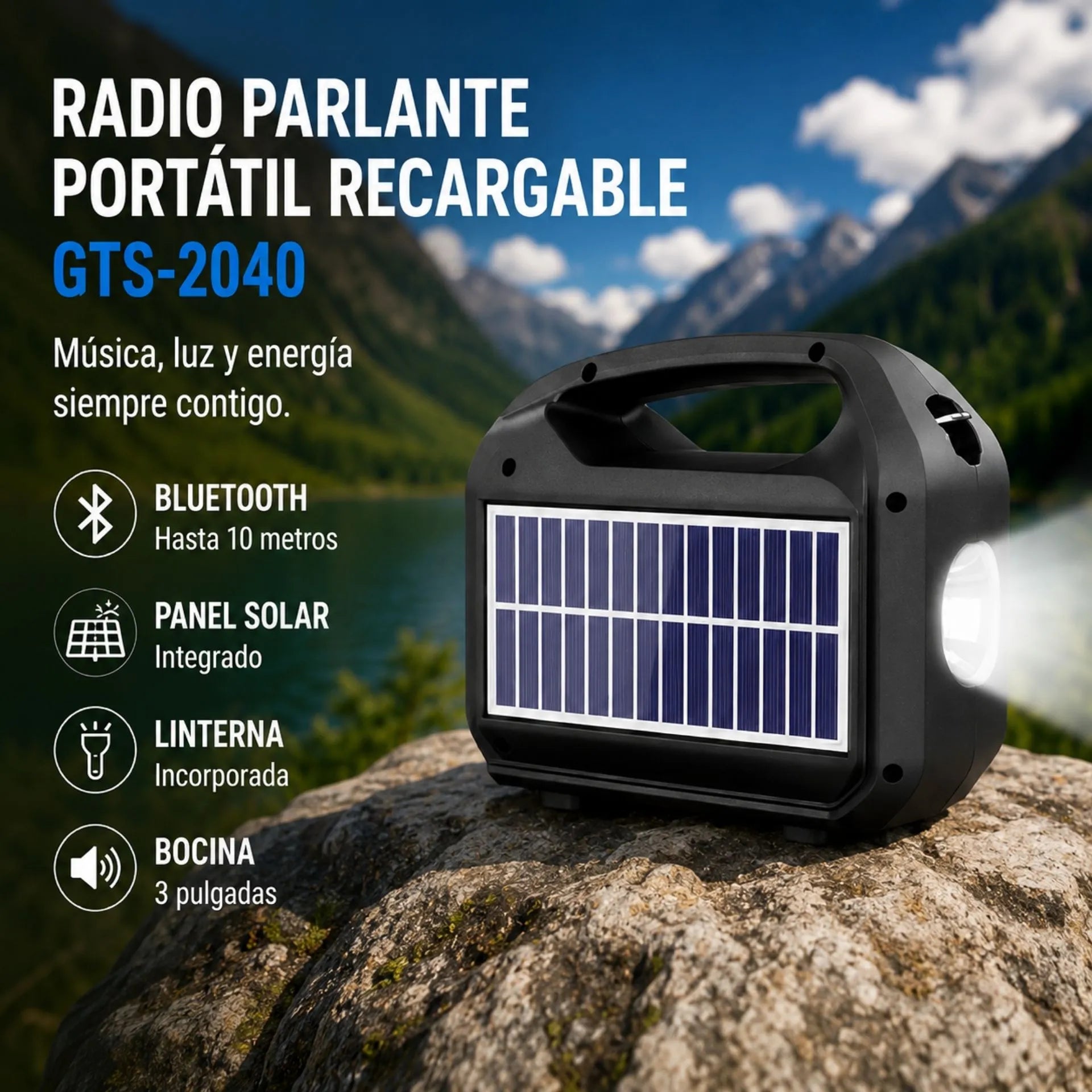 Radio Parlante Bluetooth Con Panel Solar, Linterna y Correa Portátil GTS-2040