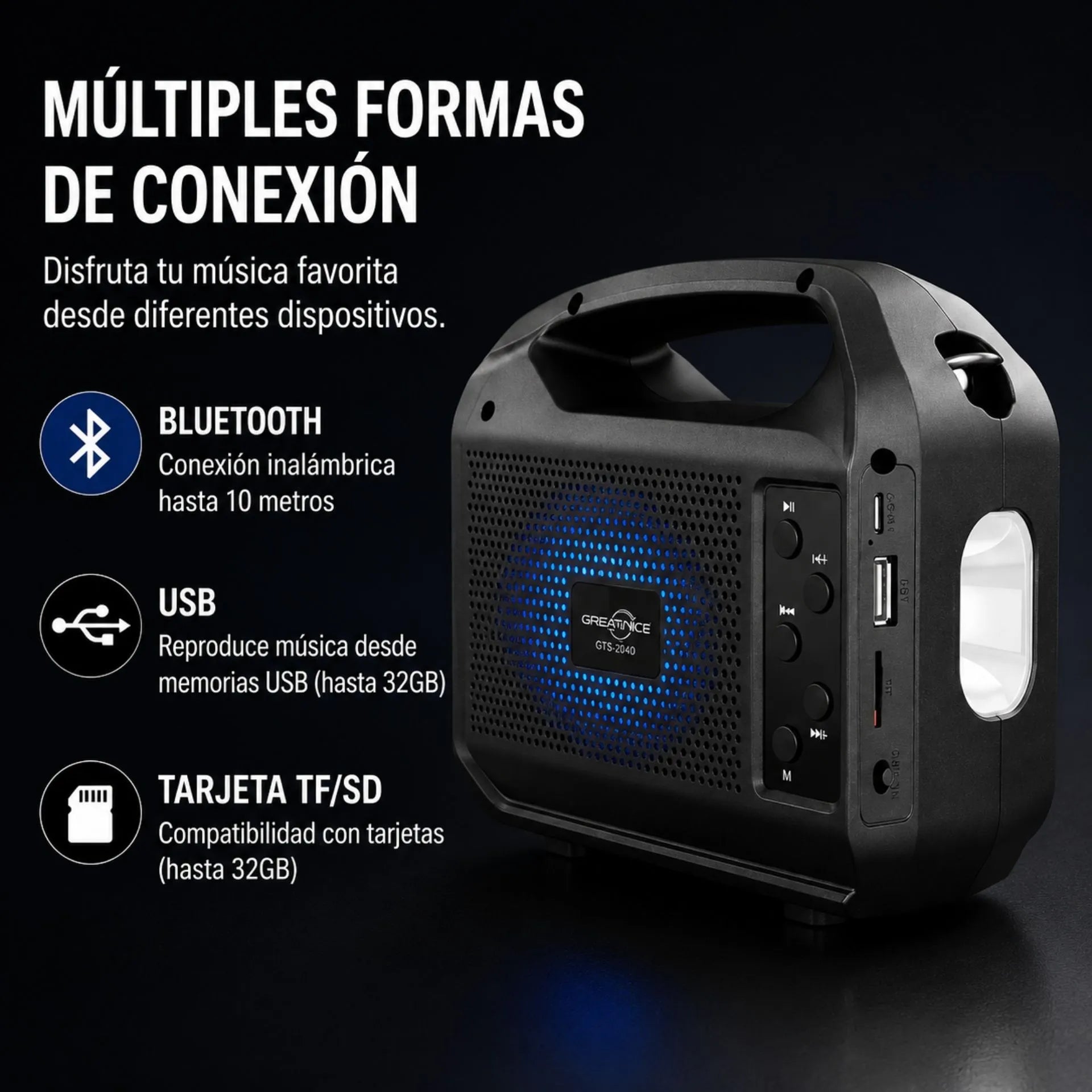 Radio Parlante Bluetooth Con Panel Solar, Linterna y Correa Portátil GTS-2040