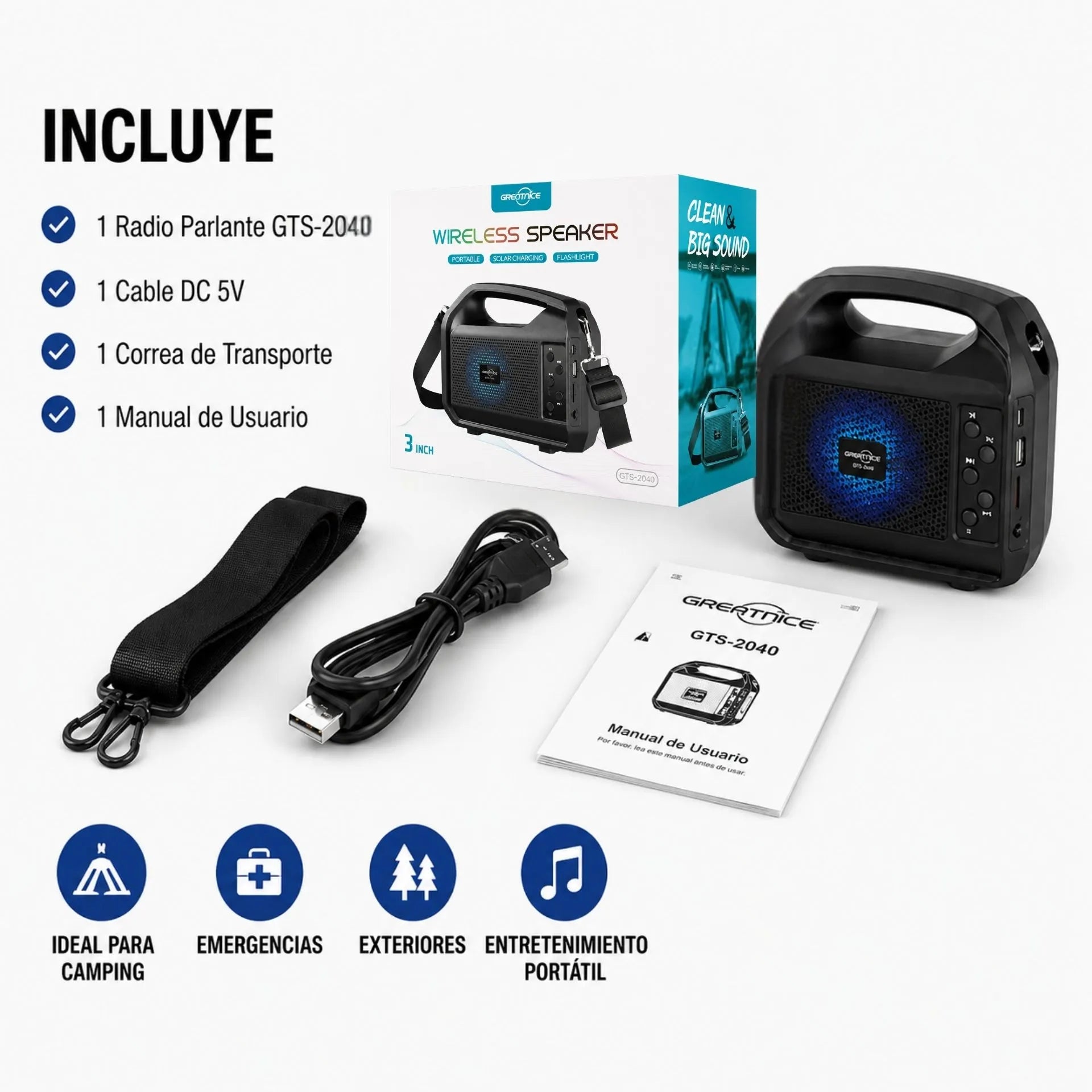 Radio Parlante Bluetooth Con Panel Solar, Linterna y Correa Portátil GTS-2040