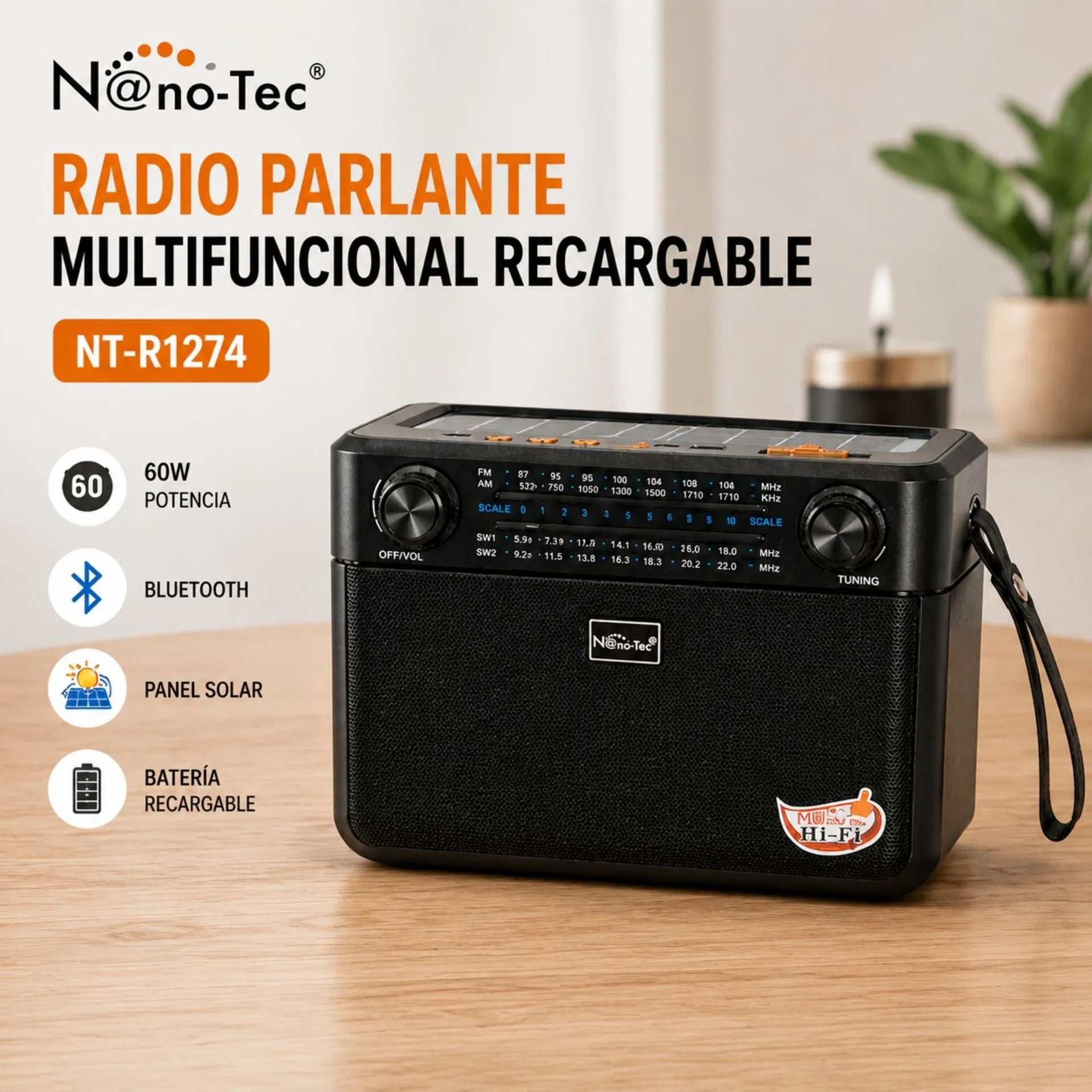 Radio Parlante Multifuncional Recargable Nano-Tec 60W Con Bluetooth, Panel Solar Y Radio FM/AM/SW NT-R1274