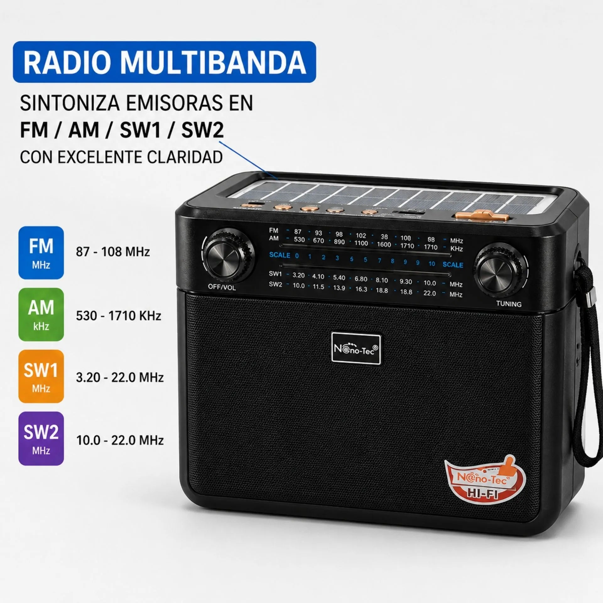 Radio Parlante Multifuncional Recargable Nano-Tec 60W Con Bluetooth, Panel Solar Y Radio FM/AM/SW NT-R1274
