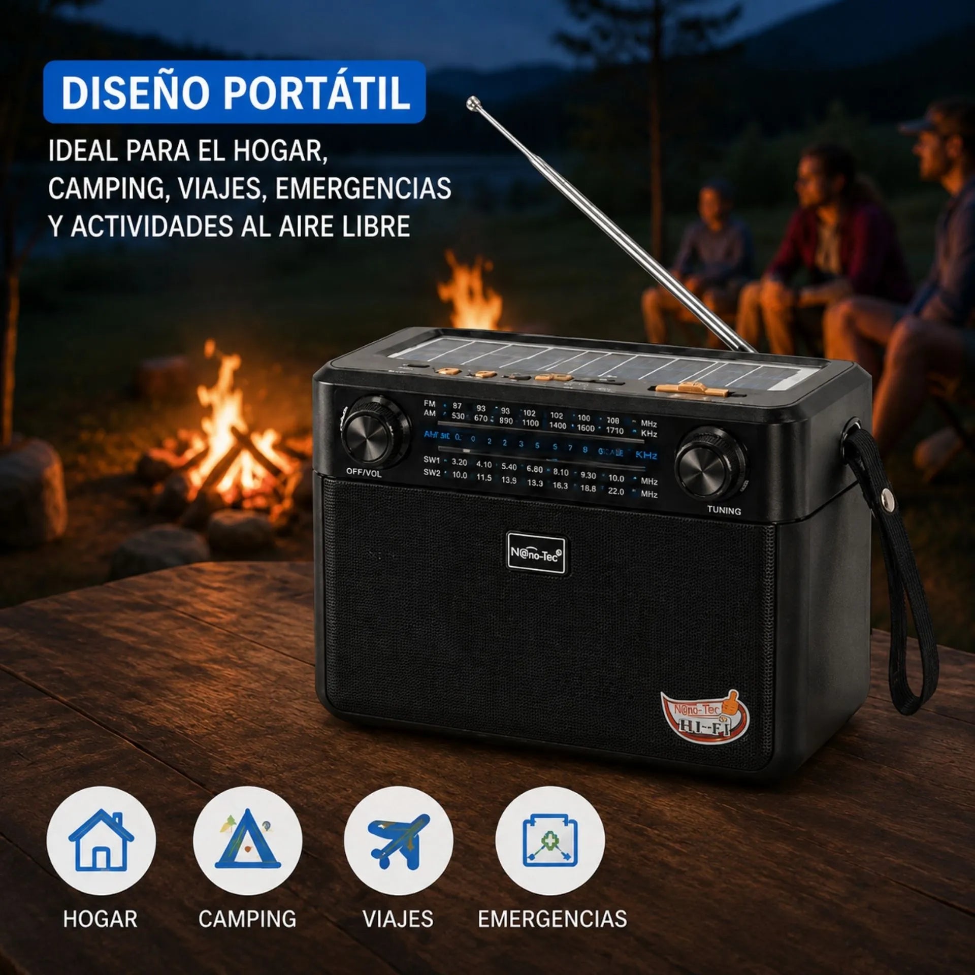 Radio Parlante Multifuncional Recargable Nano-Tec 60W Con Bluetooth, Panel Solar Y Radio FM/AM/SW NT-R1274