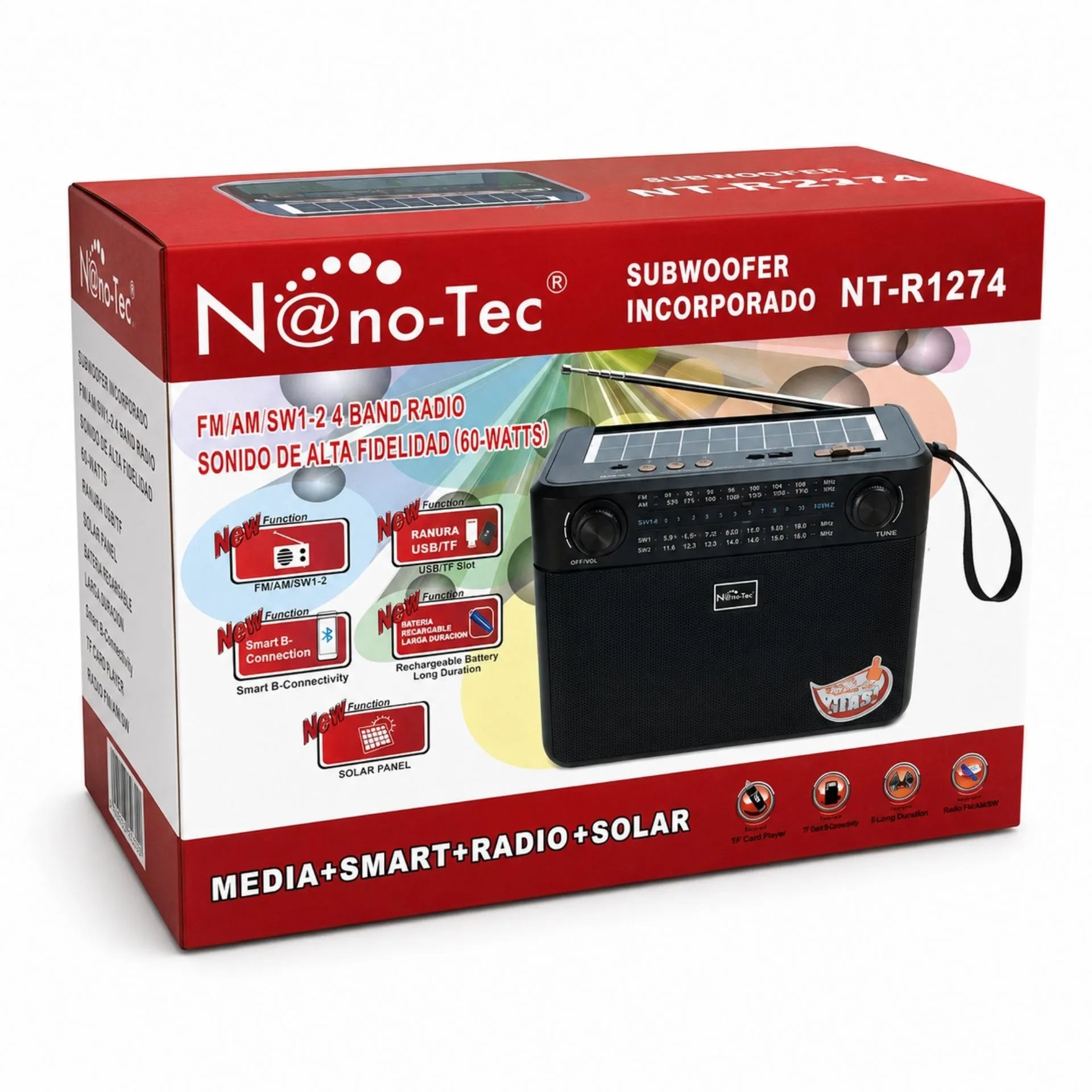 Radio Parlante Multifuncional Recargable Nano-Tec 60W Con Bluetooth, Panel Solar Y Radio FM/AM/SW NT-R1274