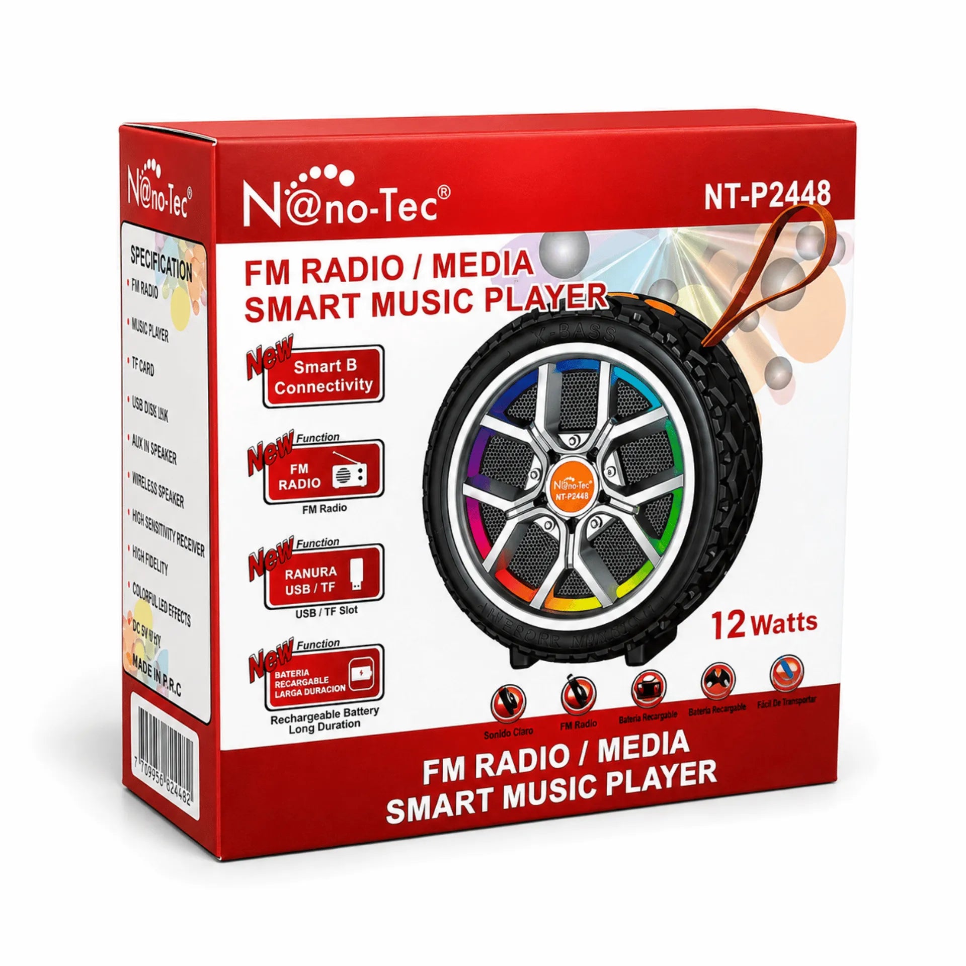 Parlante Bluetooth Tipo Rueda Nano-Tec 12W Con Luces RGB NT-P2448