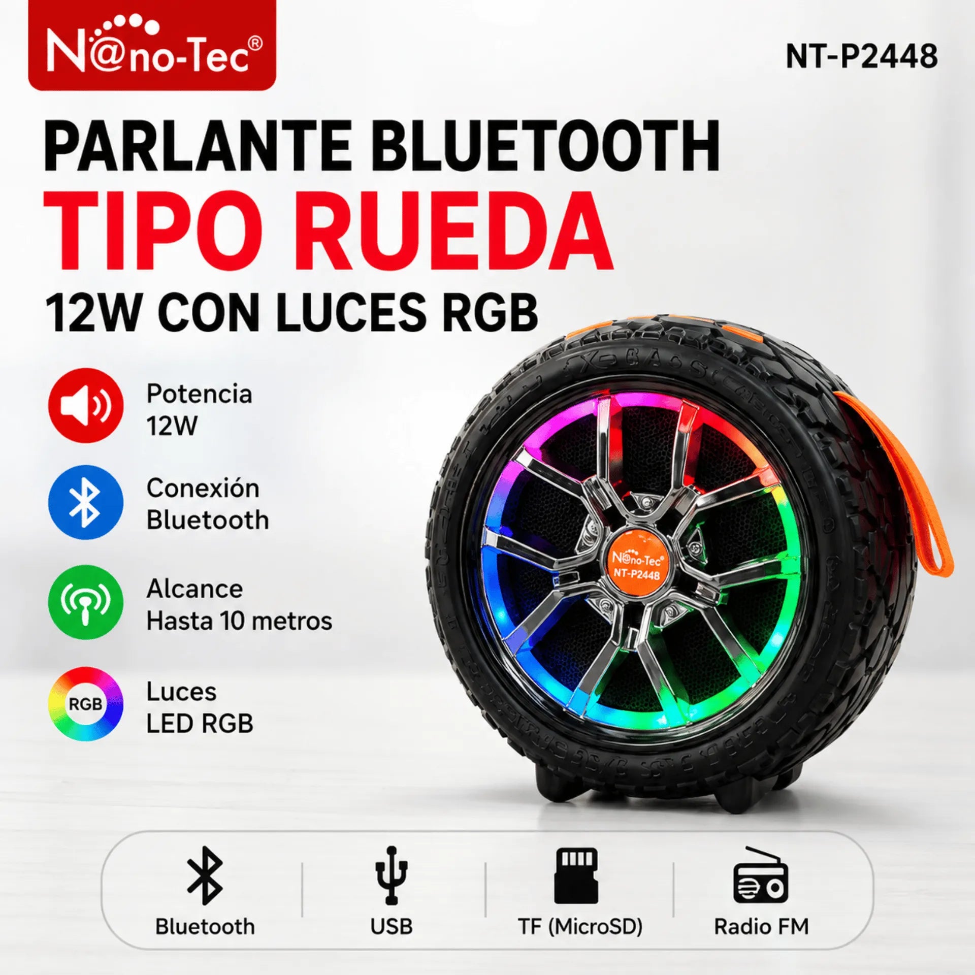 Parlante Bluetooth Tipo Rueda Nano-Tec 12W Con Luces RGB NT-P2448