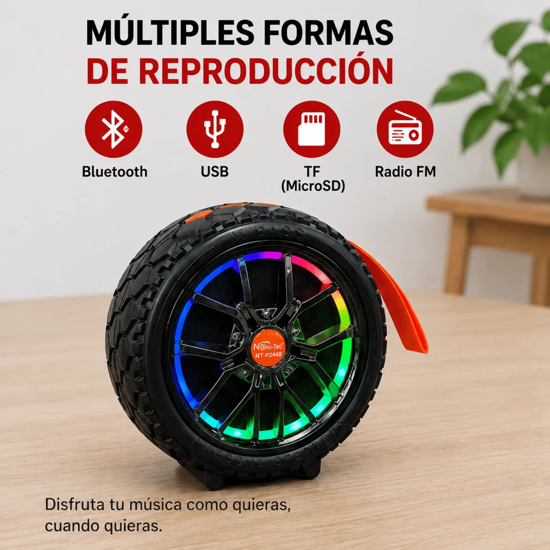 Parlante Bluetooth Tipo Rueda Nano-Tec 12W Con Luces RGB NT-P2448