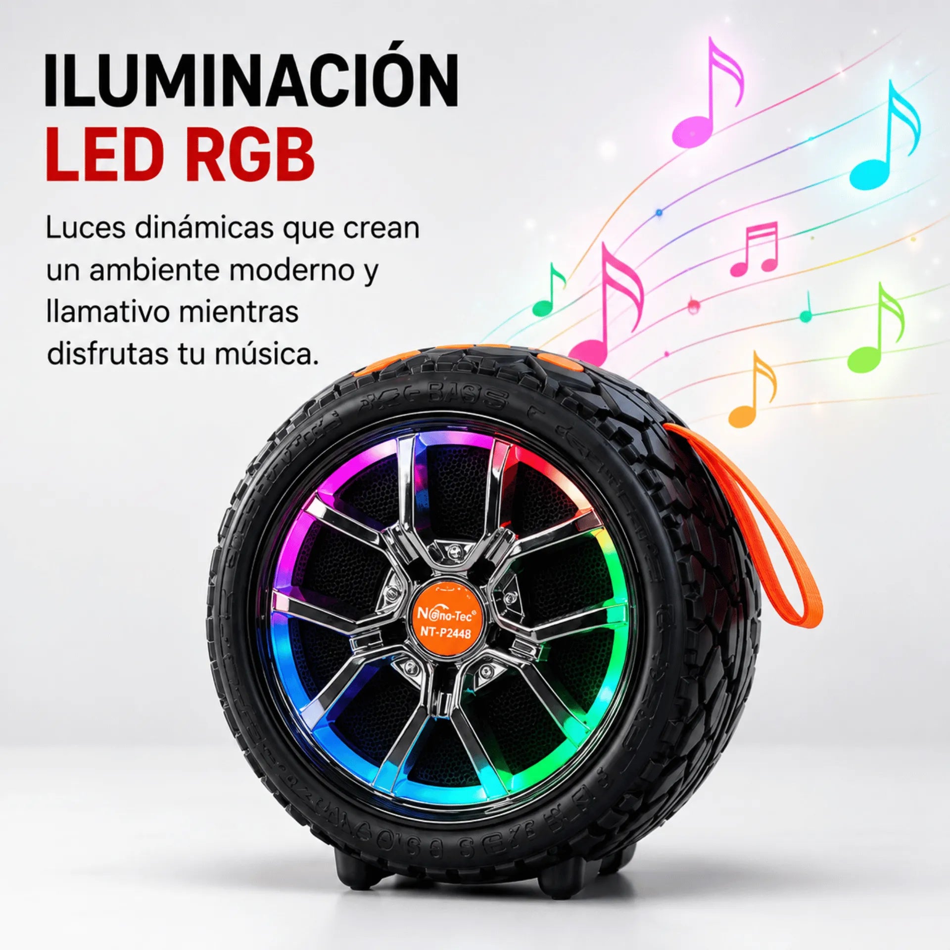 Parlante Bluetooth Tipo Rueda Nano-Tec 12W Con Luces RGB NT-P2448