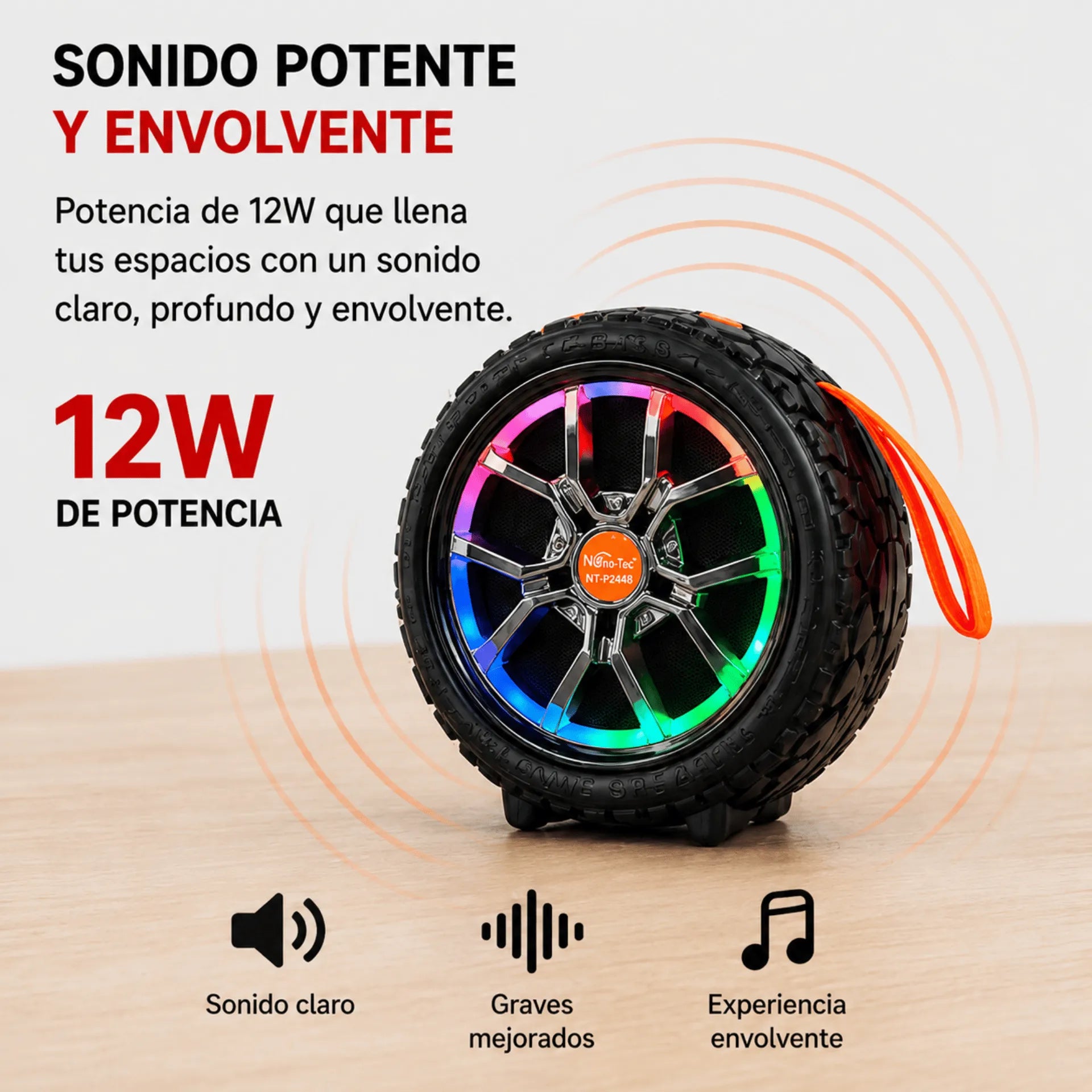 Parlante Bluetooth Tipo Rueda Nano-Tec 12W Con Luces RGB NT-P2448