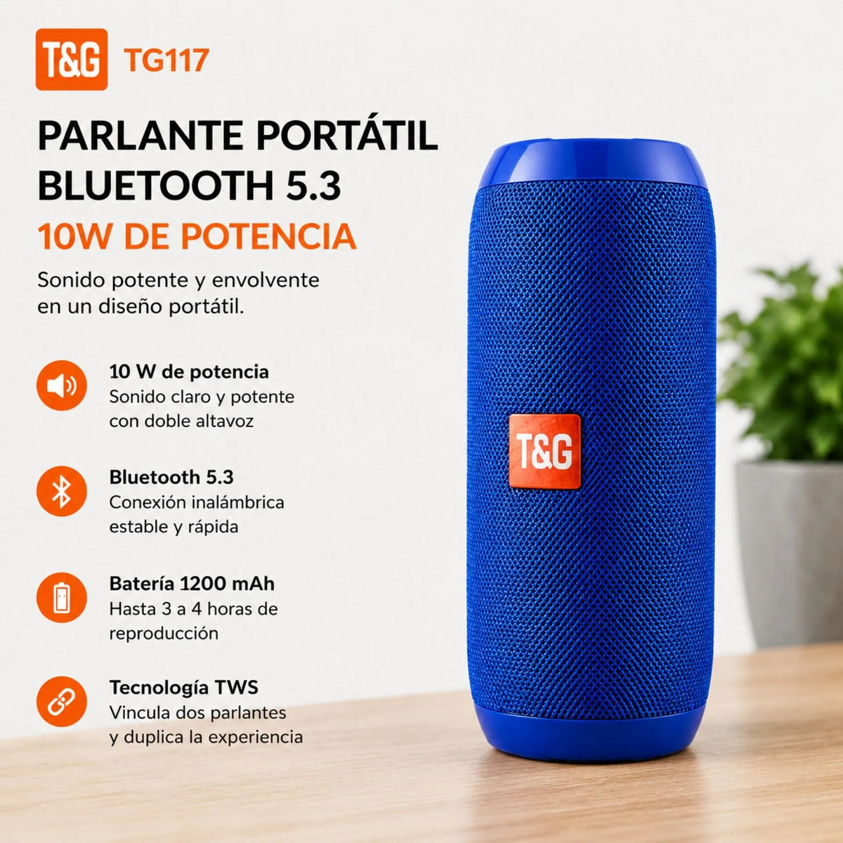 Parlante Portátil Bluetooth Recargable 10W Con TWS T&G TG-117