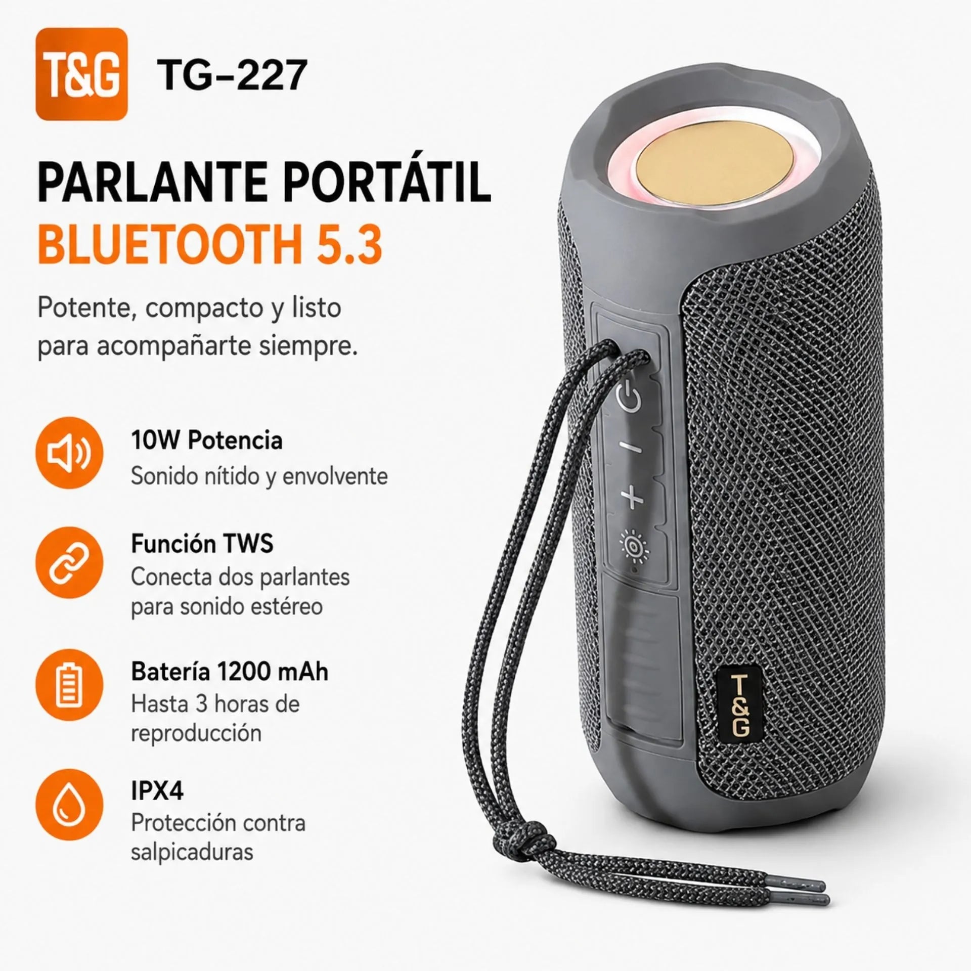 Parlante Portátil Recargable Bluetooth 10W Con TWS E IPX4 T&G TG-227