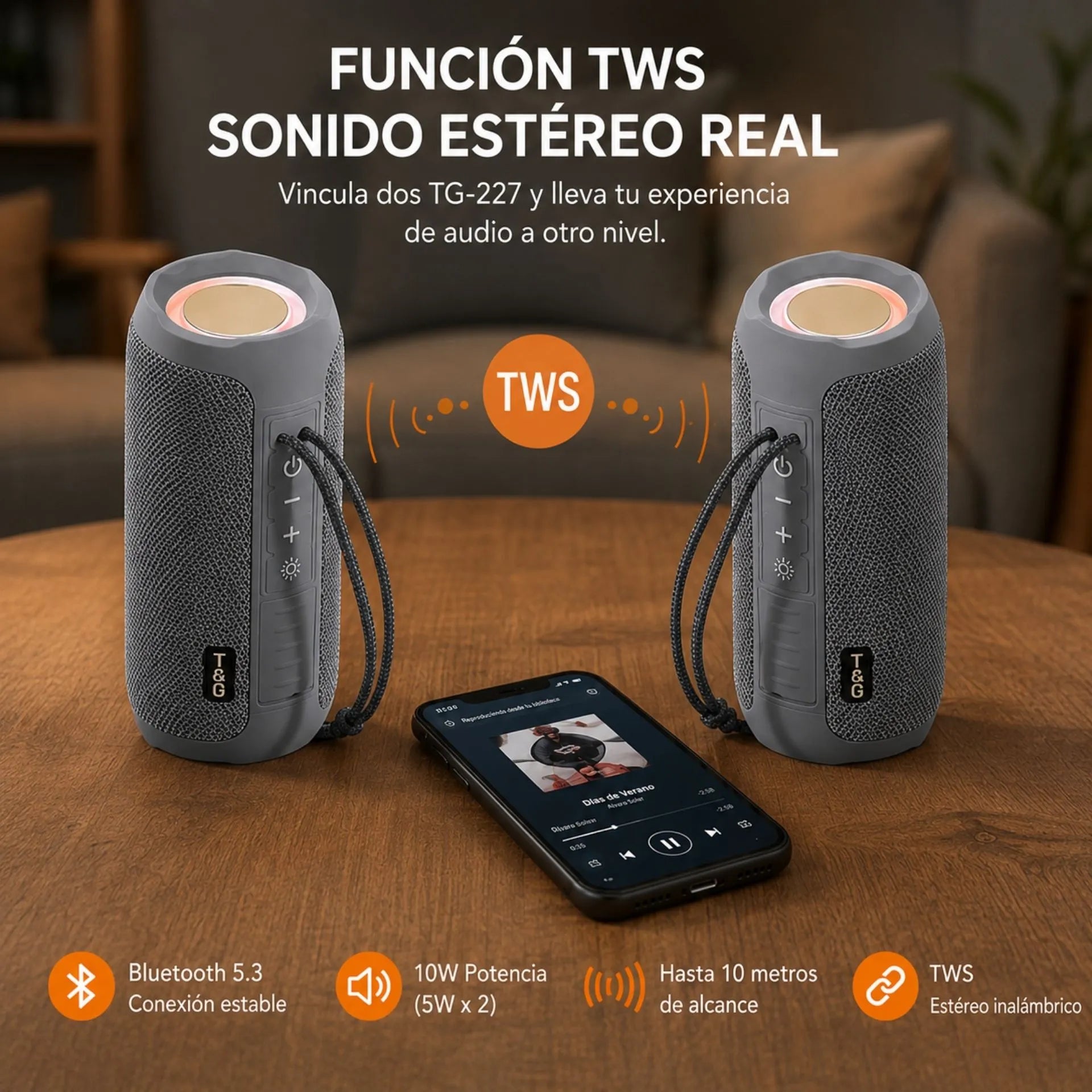 Parlante Portátil Recargable Bluetooth 10W Con TWS E IPX4 T&G TG-227