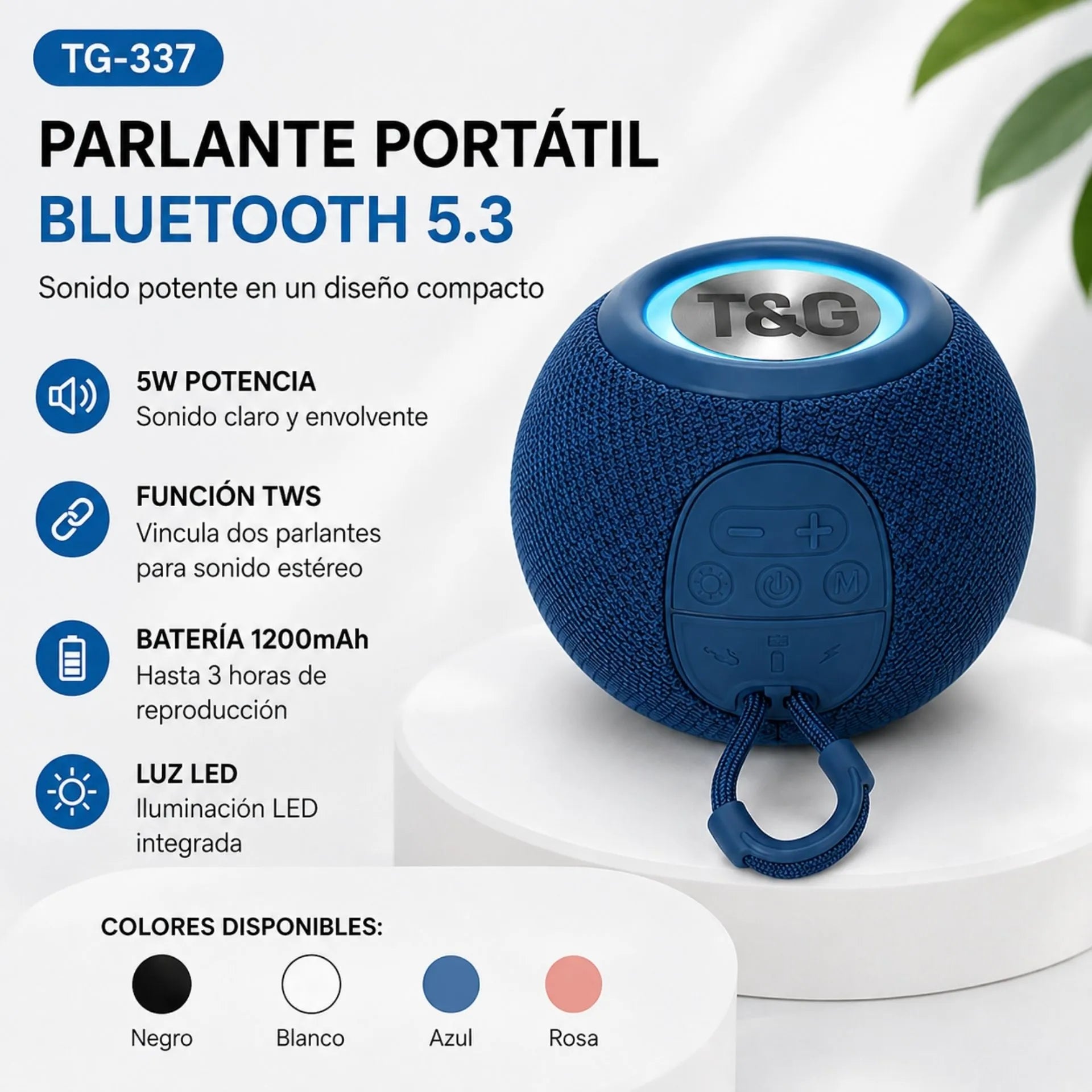 Parlante Portátil Recargable Bluetooth 5W Con TWS Y Luz LED T&G TG-337