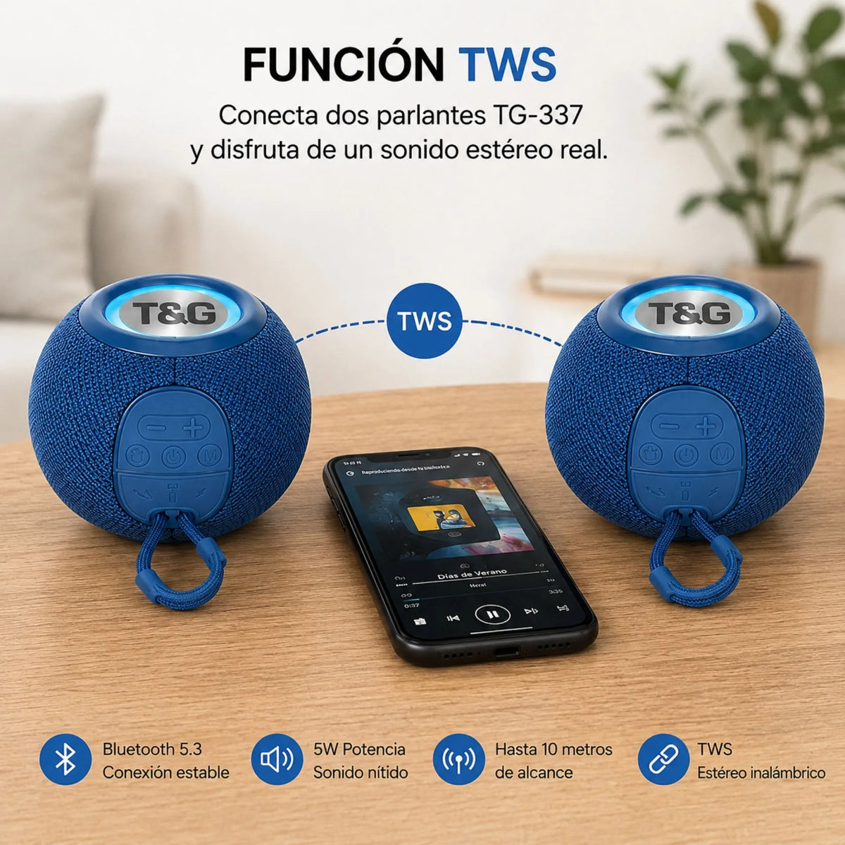 Parlante Portátil Recargable Bluetooth 5W Con TWS Y Luz LED T&G TG-337