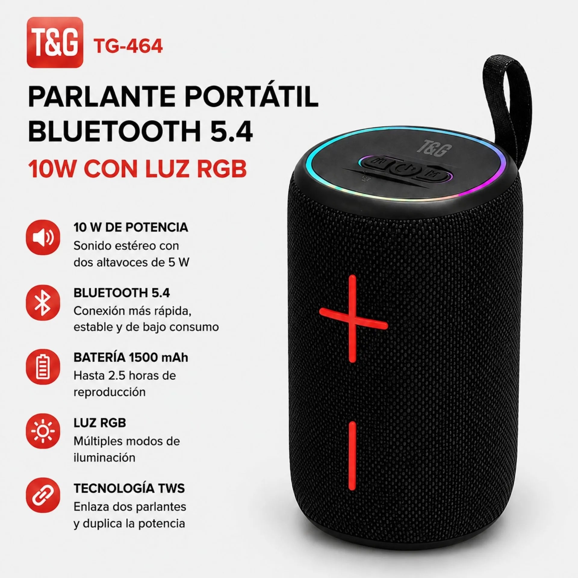 Parlante Portátil Bluetooth 5.4 10W Con Luz RGB T&G TG-464