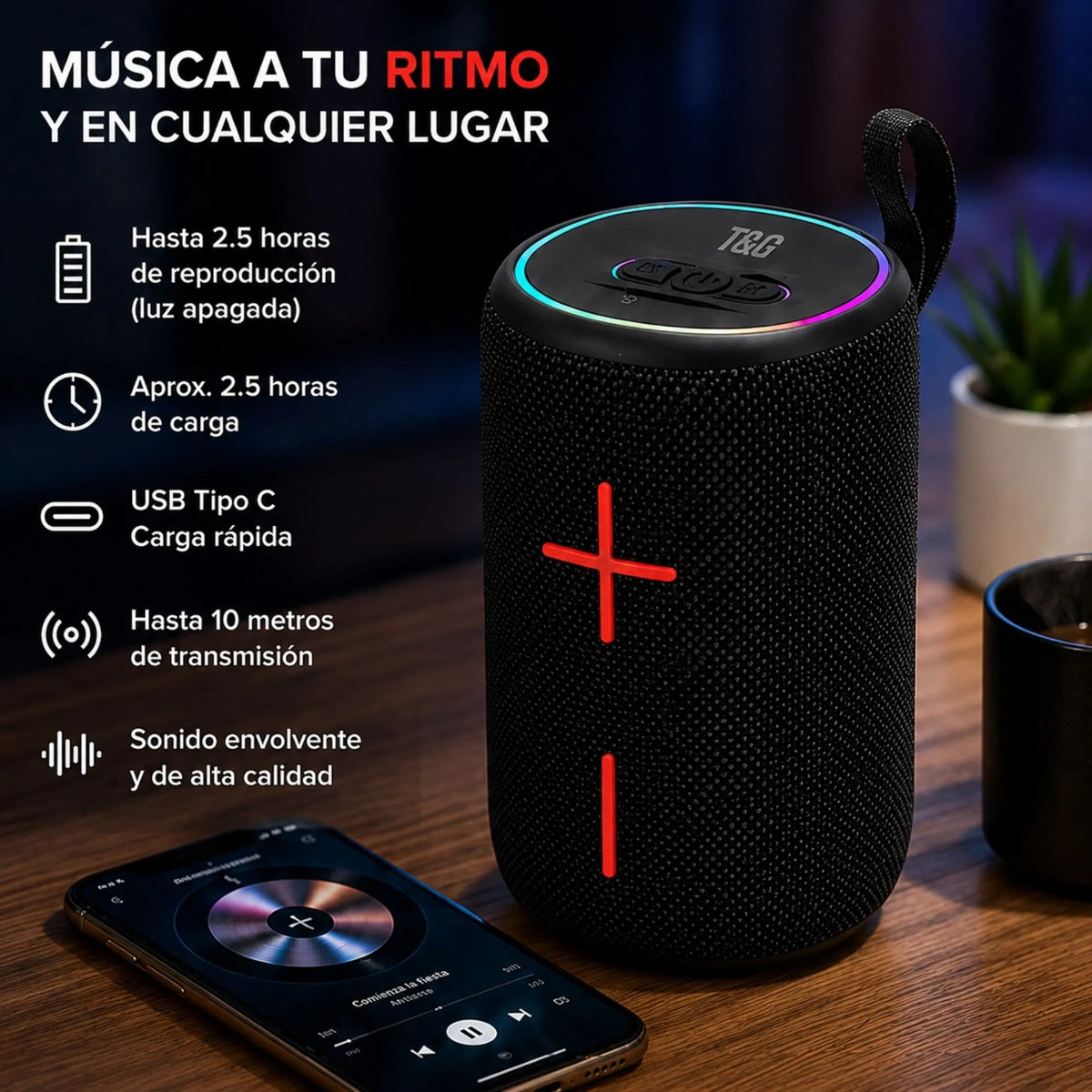 Parlante Portátil Bluetooth 5.4 10W Con Luz RGB T&G TG-464