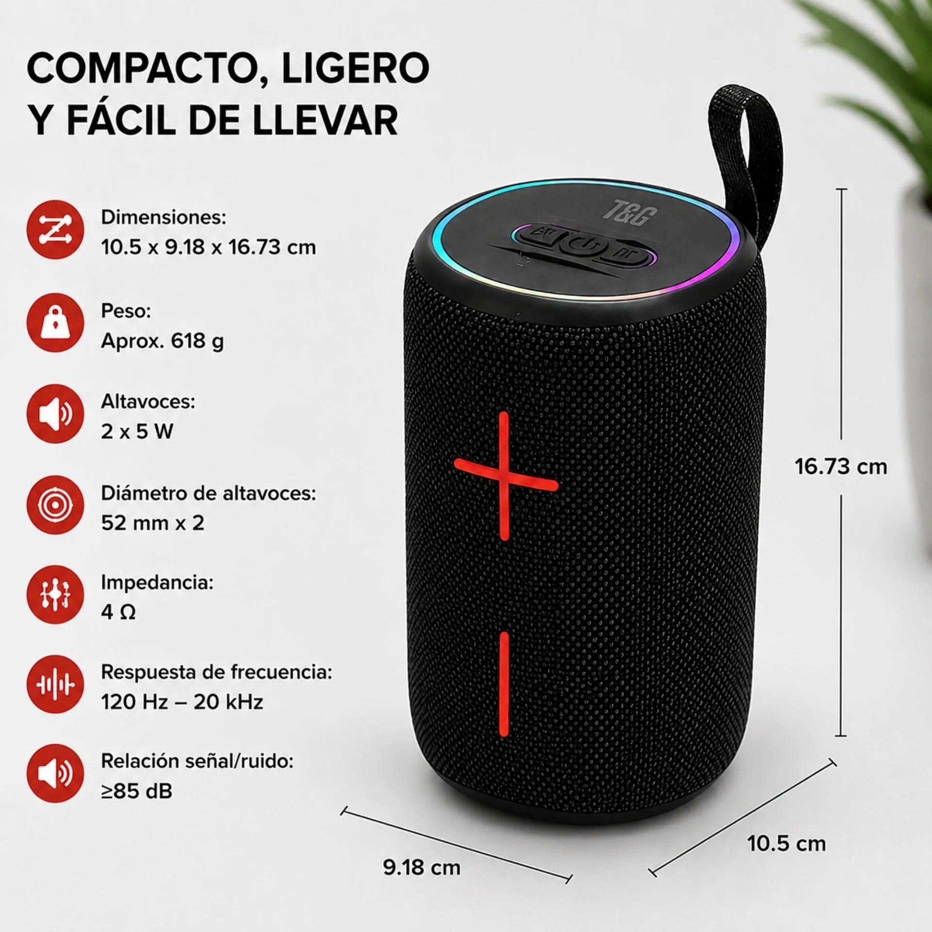 Parlante Portátil Bluetooth 5.4 10W Con Luz RGB T&G TG-464