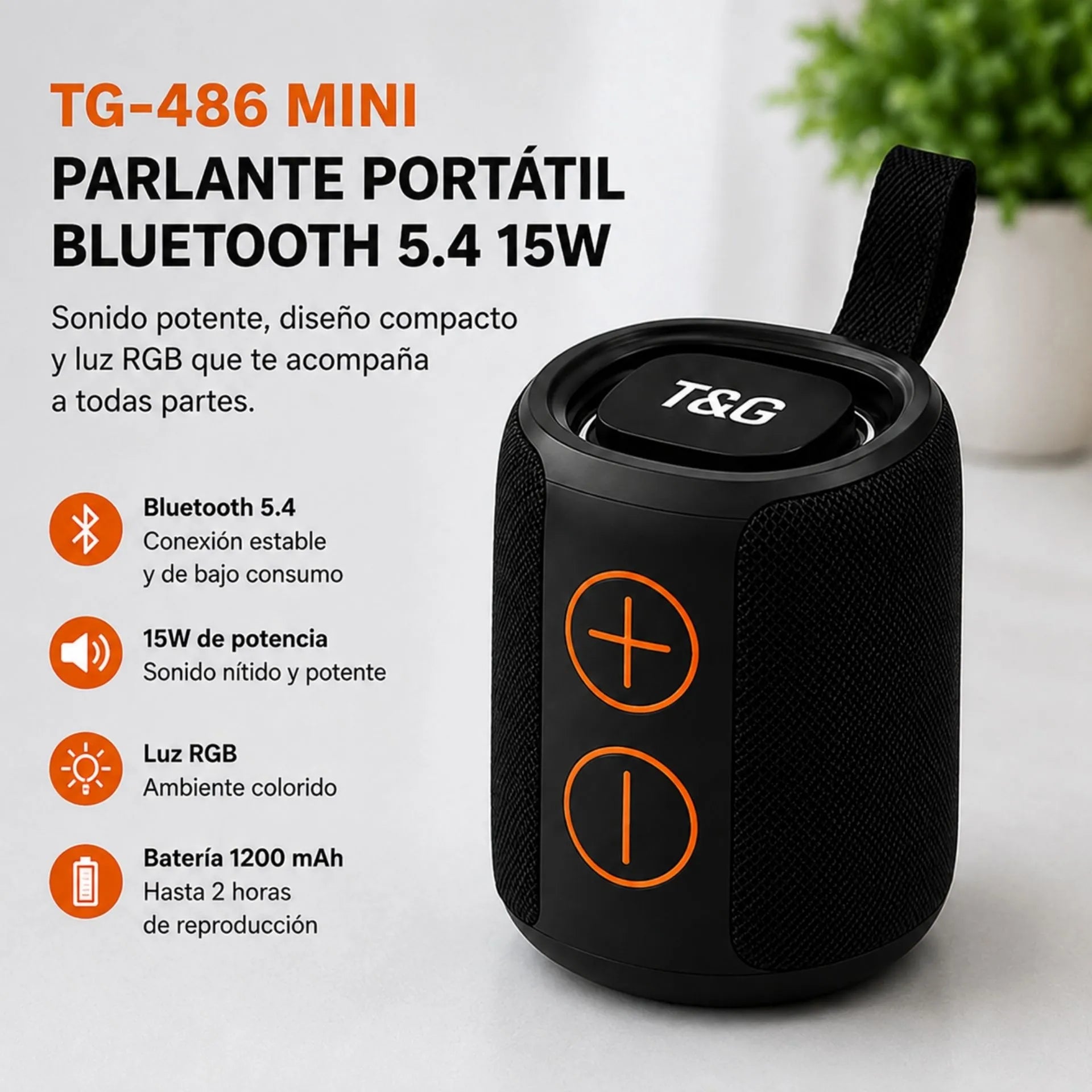 Parlante Portátil Bluetooth 5.4 15W Con Luz RGB T&G TG-486 MINI