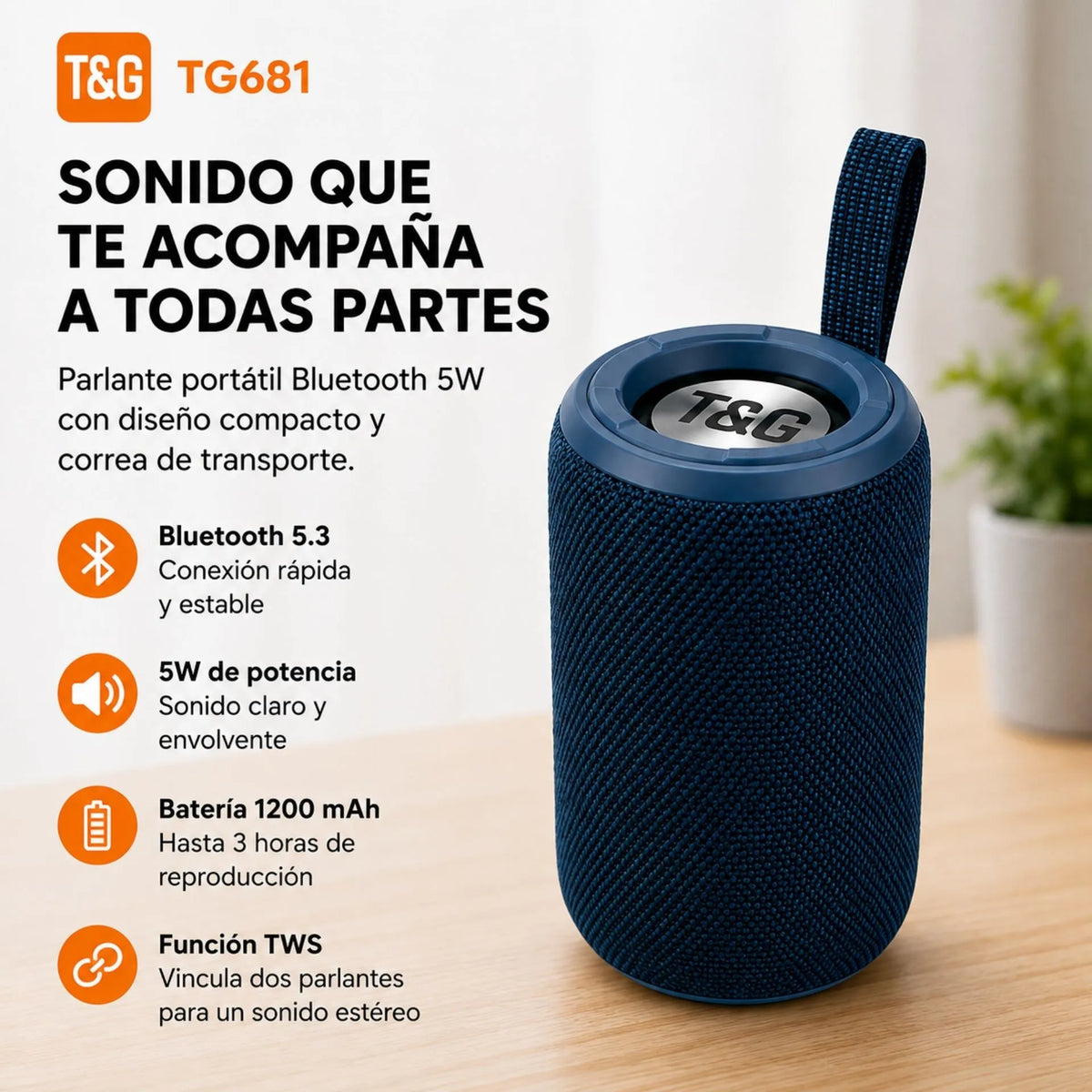 Parlante Portátil Bluetooth Recargable 5W Con TWS T&G TG681