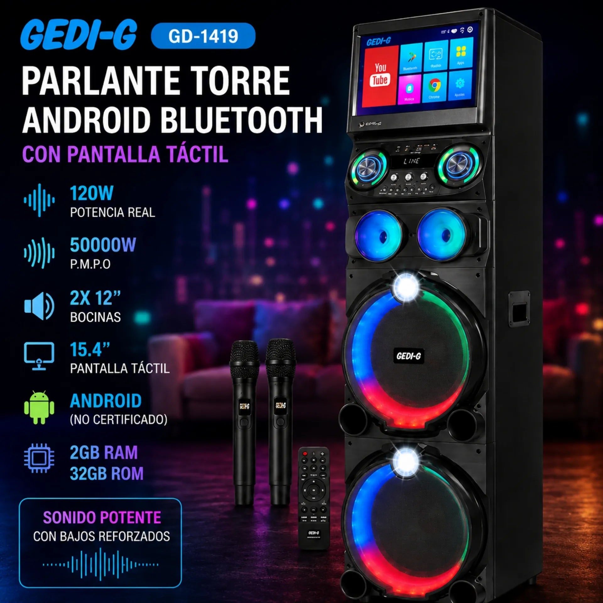 Parlante Torre Android Bluetooth Doble 12 Pulgadas Con Pantalla Táctil GD-1419