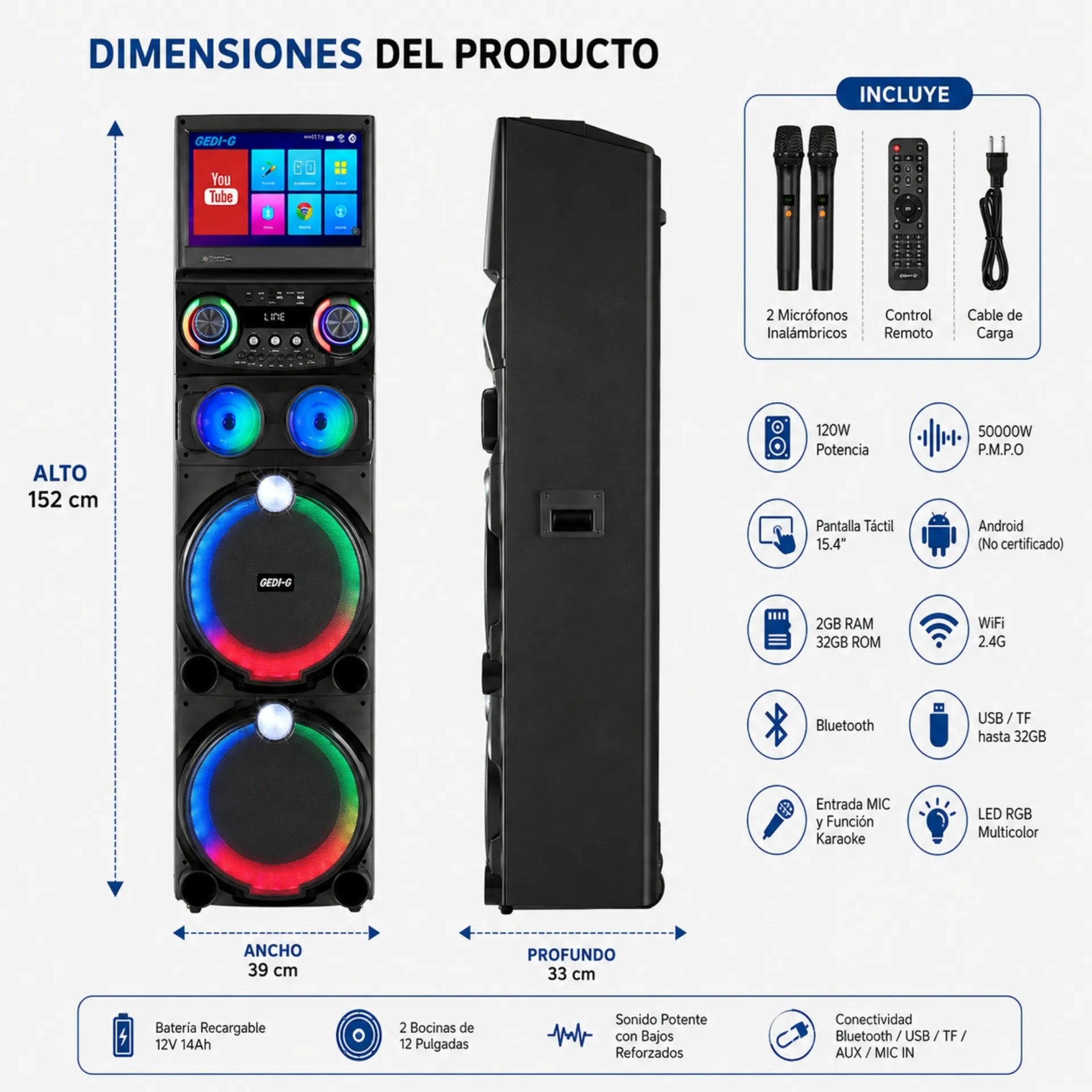 Parlante Torre Android Bluetooth Doble 12 Pulgadas Con Pantalla Táctil GD-1419
